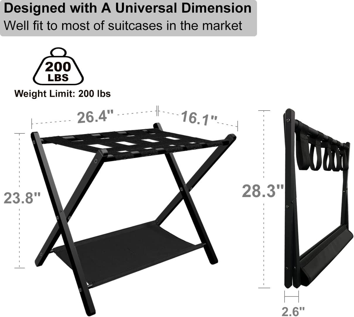 Black Steel Folding Luggage Rack with Storage Shelf, Set of 2