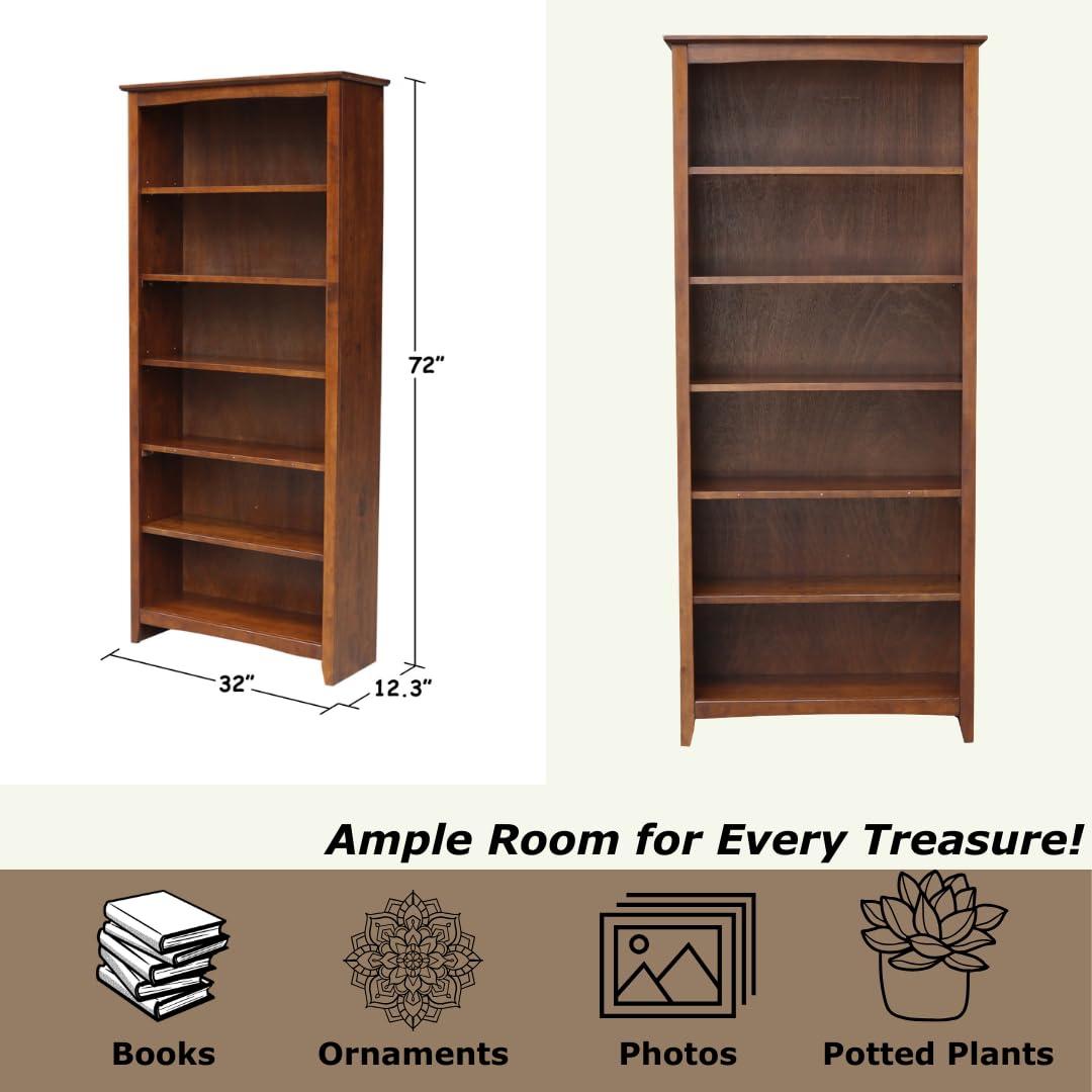 72" Shaker Bookshelf Espresso - International Concepts: Solid Parawood, 6 Fixed Shelves
