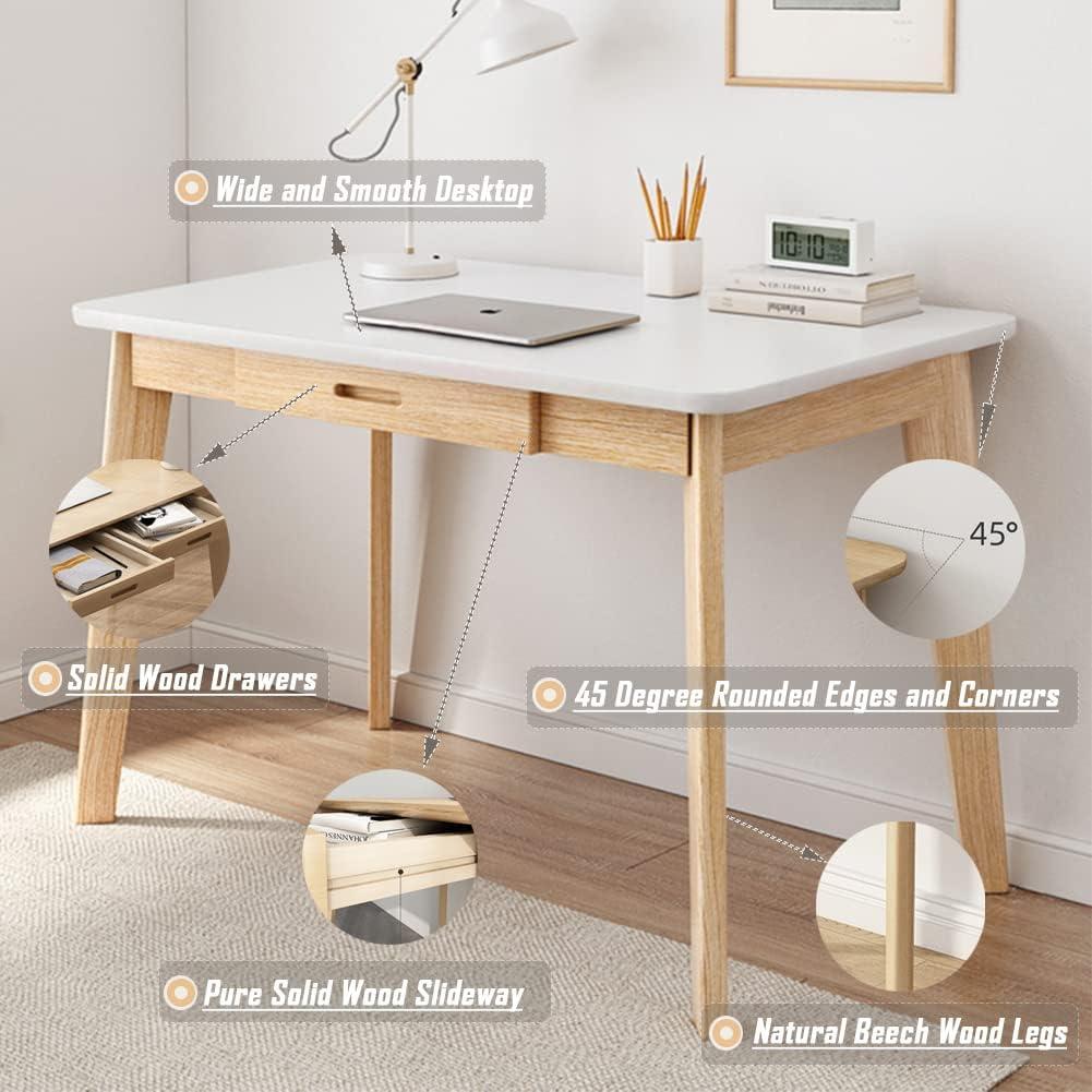 IOTXY Solid Wood Writing Desk - Home Office Workbench Desk with Drawer, 31.5" Width Laptop Computer Work Study Table in White