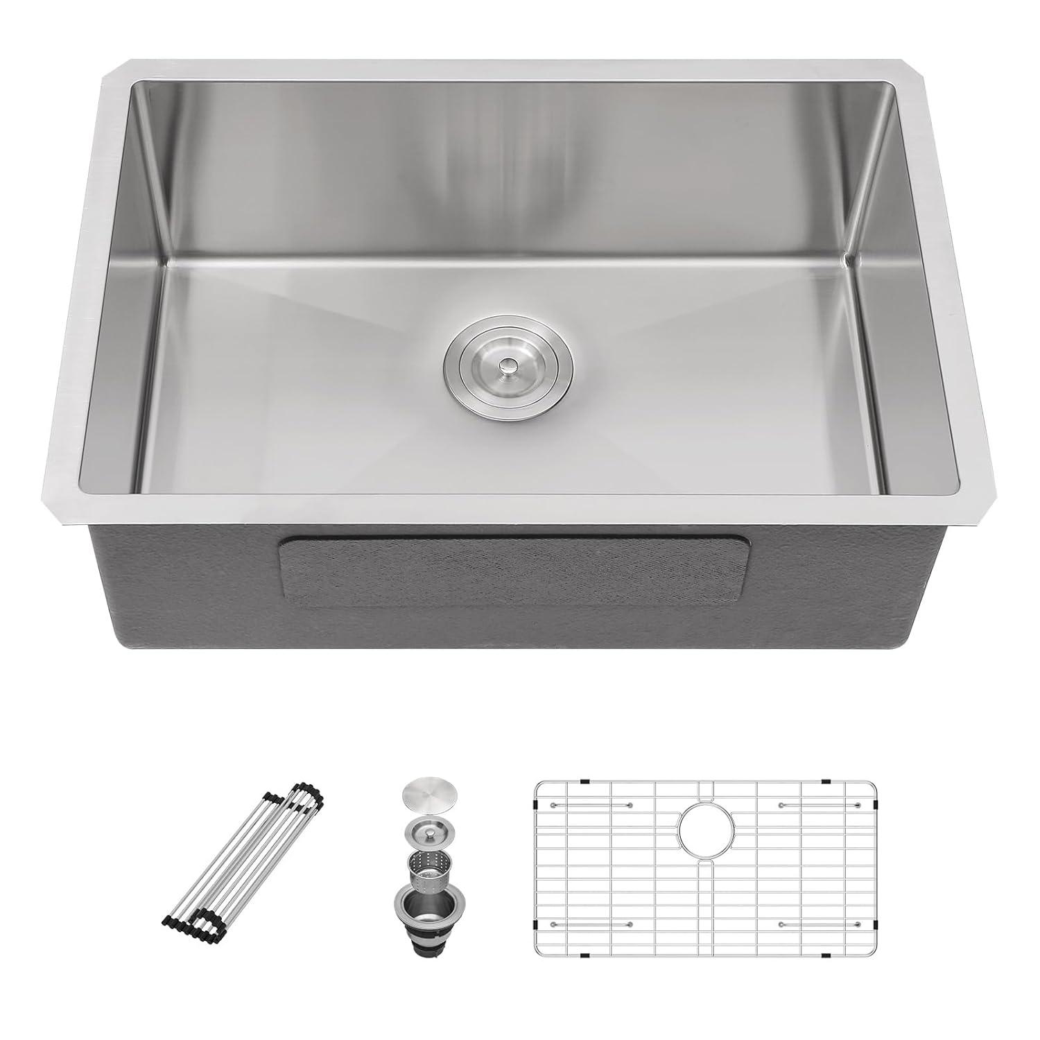 Sarlai 28'' L x 18" W Undermount Single Bowl Stainless Steel Kitchen Sink with Sink Grid and Basket Strainer SU2818R