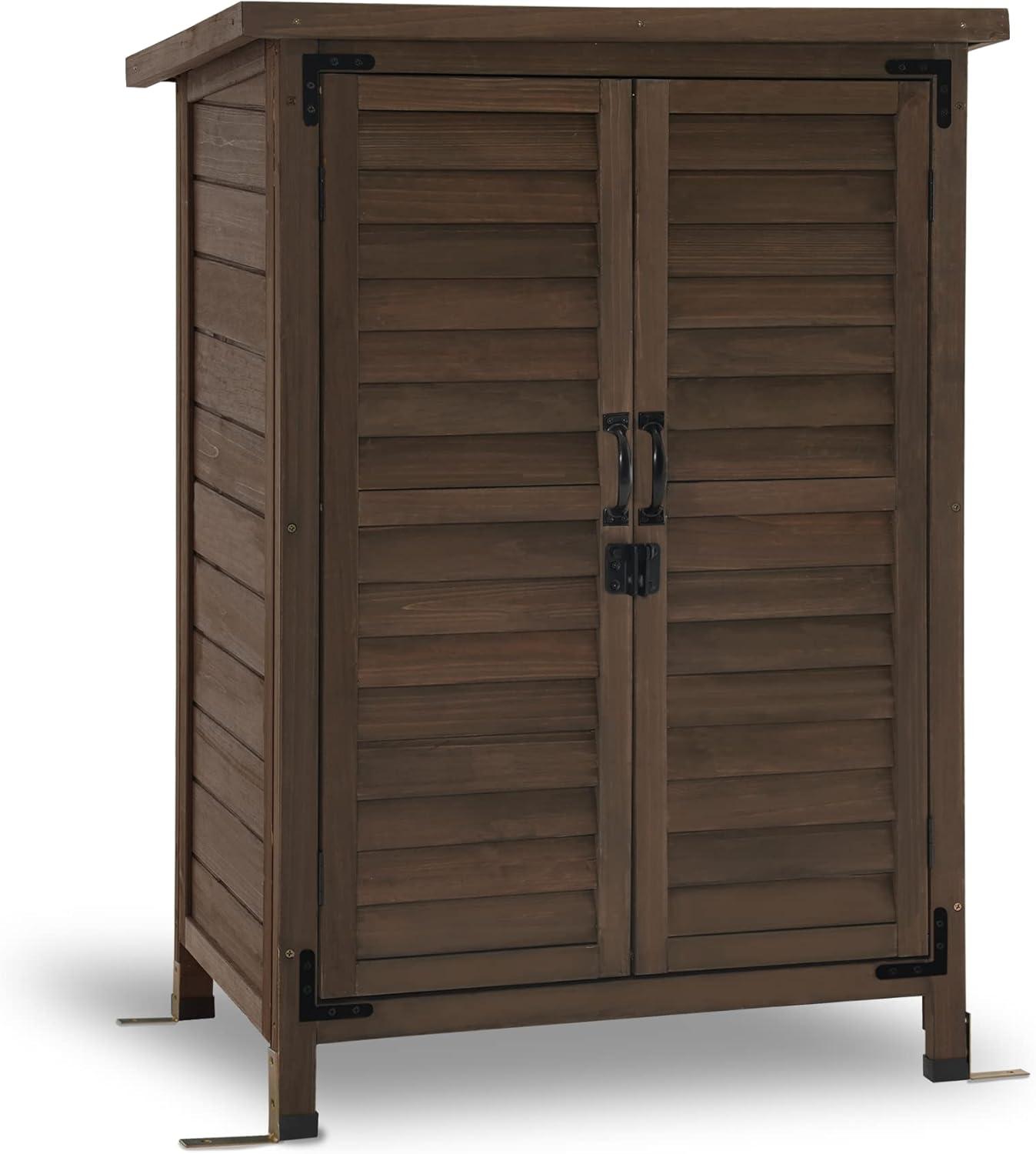 Mcombo Outdoor Wood Storage Cabinet, Small Size Garden Wooden Tool Shed with Double Doors 0985