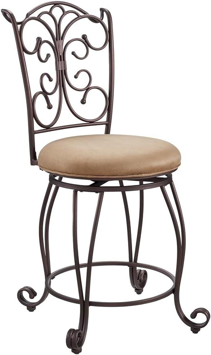 Linon Gathered Back Counter Stool, Brown, 24 inch Seat Height, Light Brown with Caramel Fabric