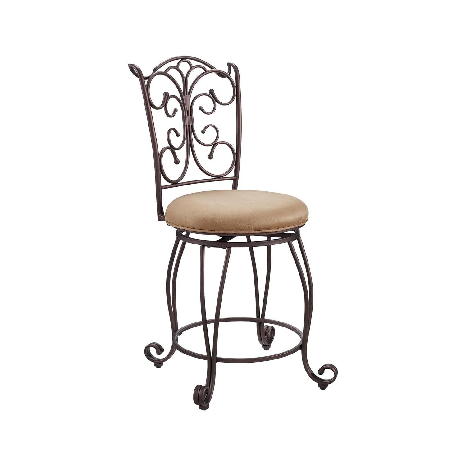 Linon Gathered Back Counter Stool, Brown, 24 inch Seat Height, Light Brown with Caramel Fabric