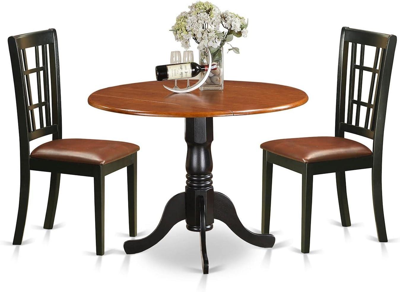 Black and Cherry Rubberwood Round Dining Set with Faux Leather Chairs