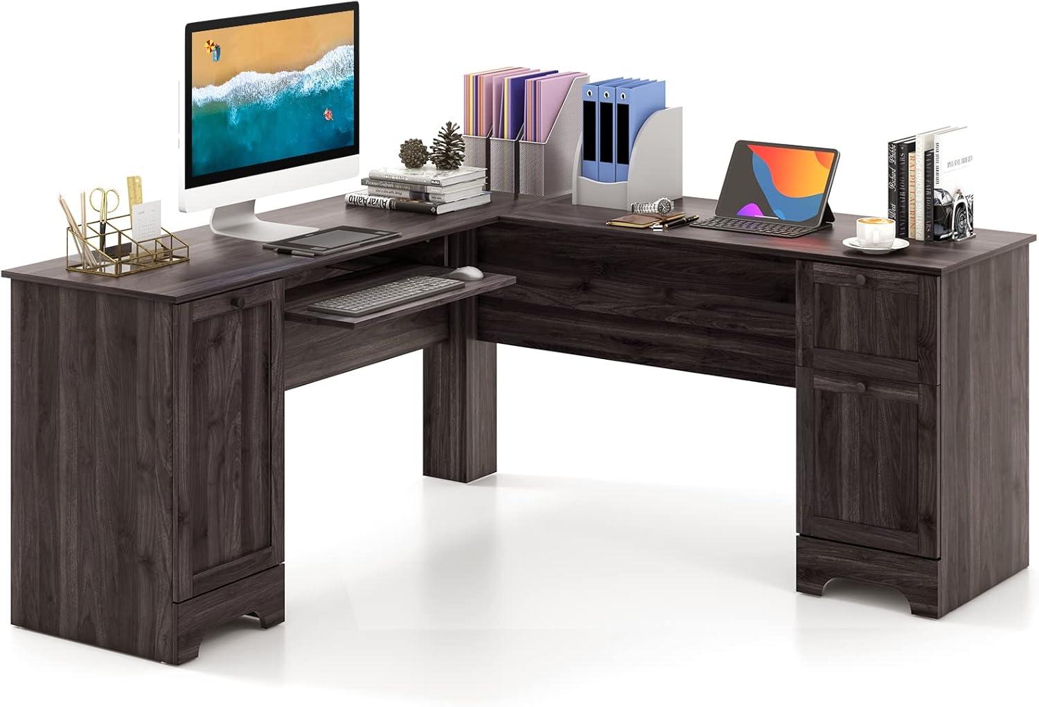 Dark Brown L-Shaped Corner Computer Desk with Drawers and Keyboard Tray