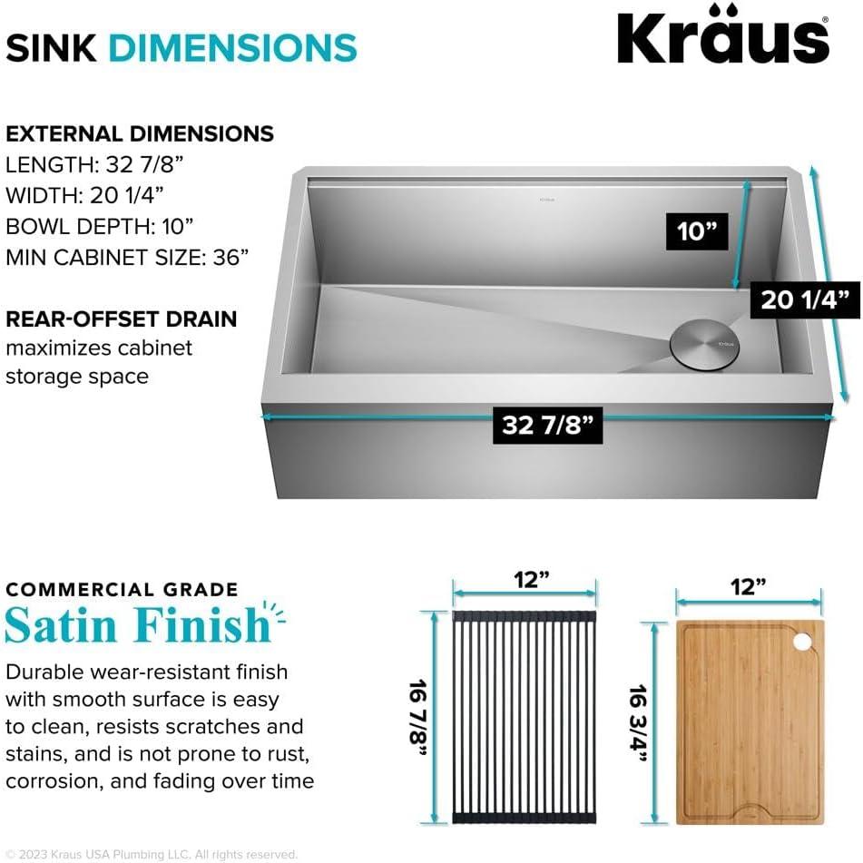 KRAUS Kore™ Workstation 33-inch 16 Gauge Stainless Steel Single Bowl Farmhouse Kitchen Sink with Accessories