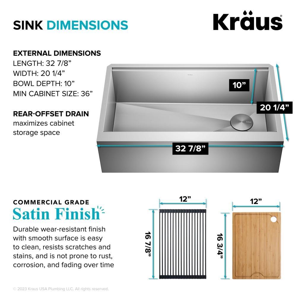 KRAUS Kore™ Workstation 33-inch 16 Gauge Stainless Steel Single Bowl Farmhouse Kitchen Sink with Accessories