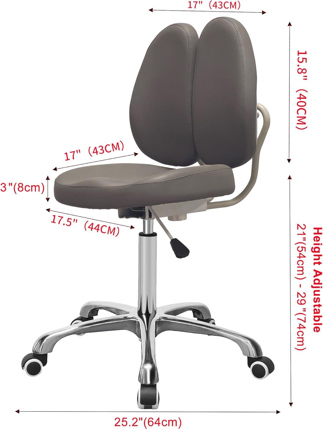 Gray Leather Ergonomic Swivel Drafting Chair with Dual Backrest