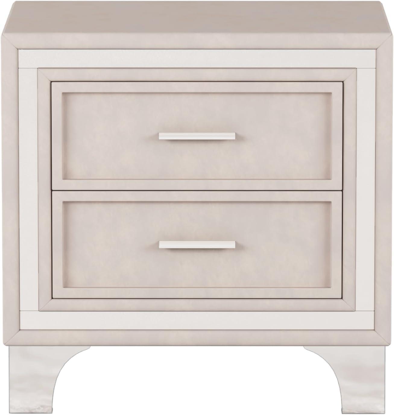 SOFTSEA Velvet Nightstand with 2 Drawers, Modern Upholstered Nightstand with Storage, Bedside Table End Table with Silver Glitter Strip & Metal Legs for Bedroom, Living Room, Easy Assembly, Beige