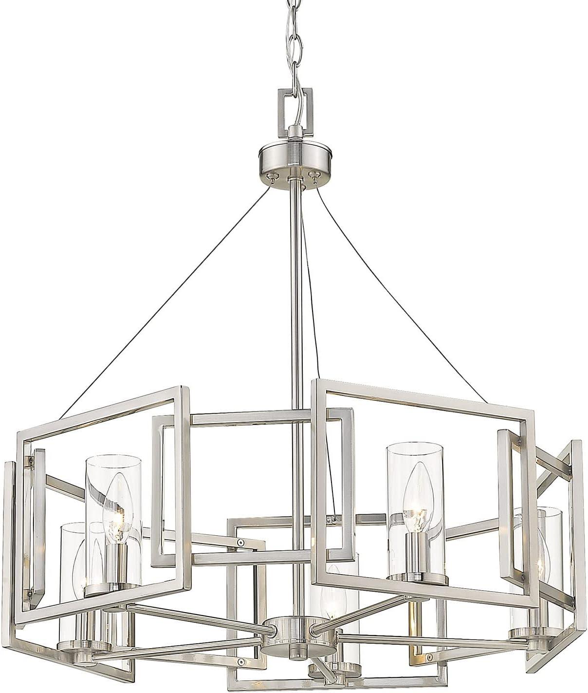 Elegant White Gold 5-Light Chandelier with Clear Glass Cylinders