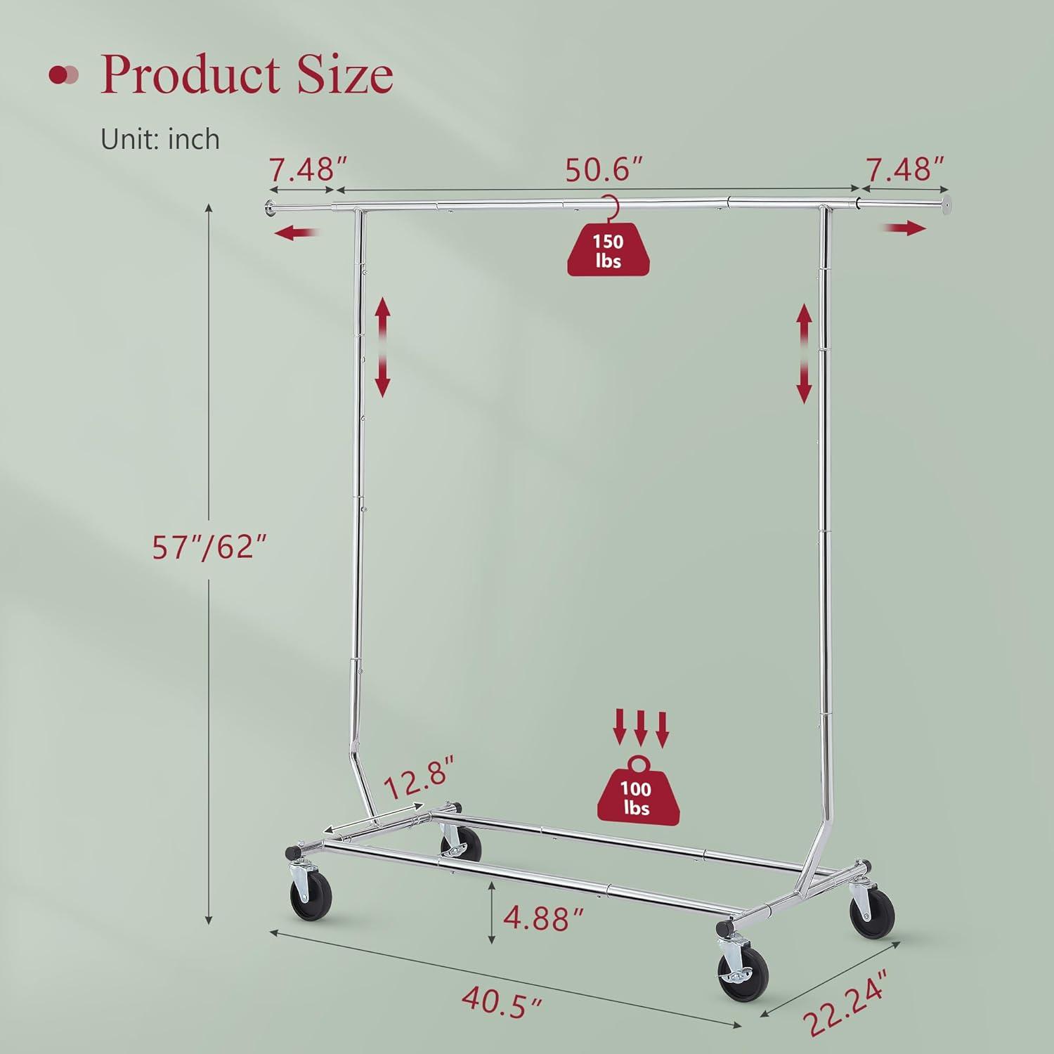 Heavy Duty Clothes Rack Foldable Garment Rack with Wheels and Extendable Rod, Freestanding Clothing Rack for Hanging Clothes, Adjustable ＆ Collapsible Rolling Racks with Bottom Shelf, Chrome