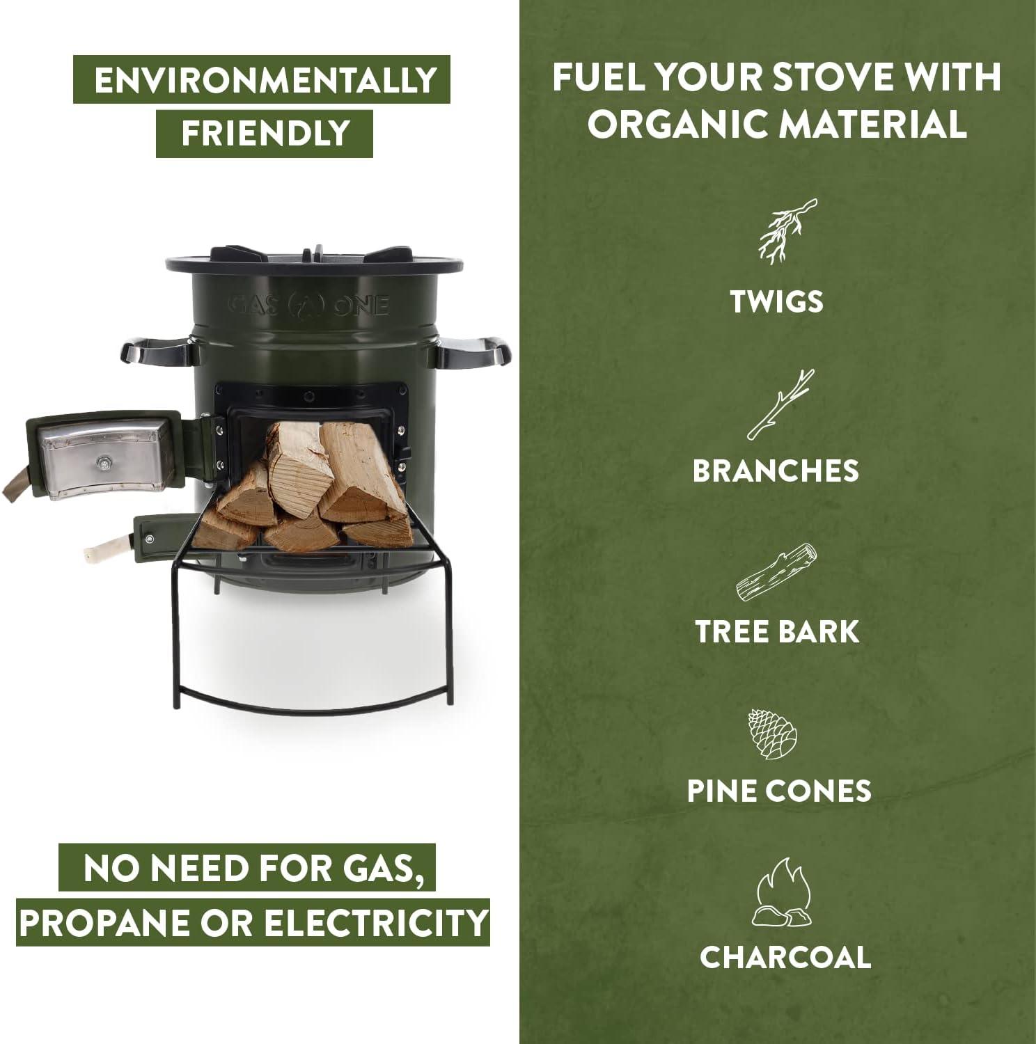 GasOne Portable Wood Burning Rocket Stove Camping for Backpacking, Hiking, RV and Survival - Insulated Barrel Stove Kit with Silicone Handles