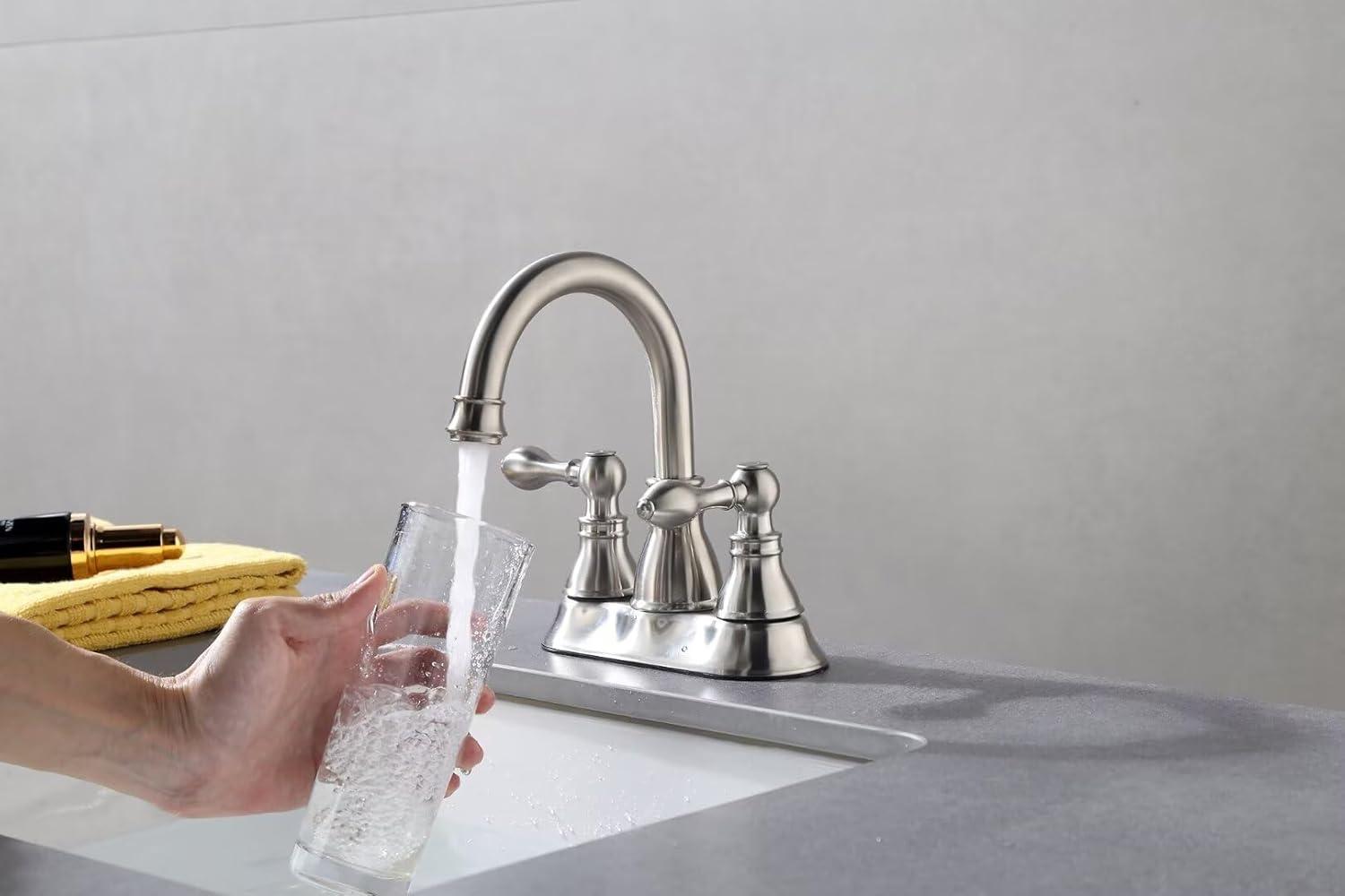 Two Handles Brushed Nickel Bathroom Faucet 3 Hole Sink Faucet with Overflow Pop up Drain, 360° Swivel Spout 4 Inch Centerset Lavatory Faucet Without Water Supply Lines,F-4501-BN