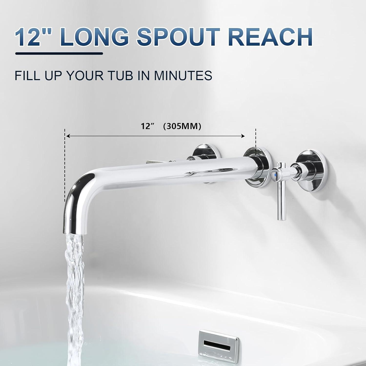 Wall Mount Tub Filler Tub Faucet High Flow Bathtub Faucets Two Handles Solid Brass, 12" Long Spout Reach, Chrome