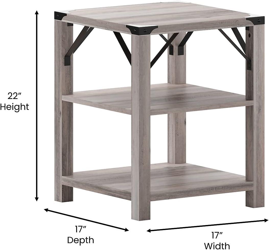 Flash Furniture Wyatt Modern Farmhouse Wooden 3 Tier End Table with Metal Corner Accents and Cross Bracing