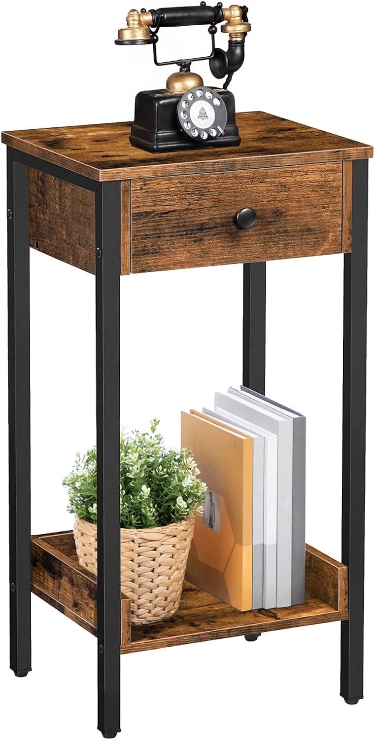 Rustic Brown and Black Metal End Table with Drawer and Shelf