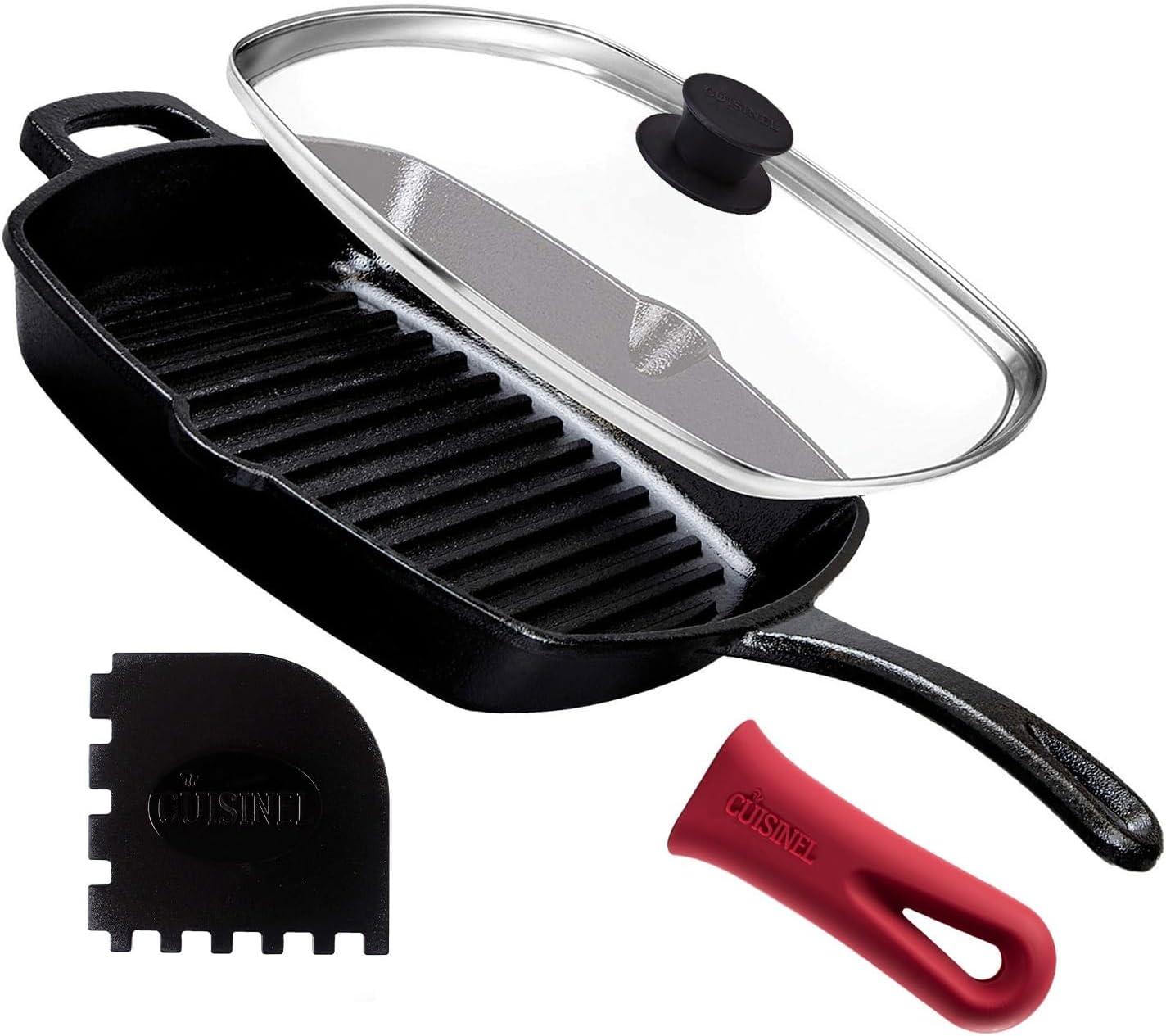 Cuisinel Pre-Seasoned Cast Iron Grill Pan with Glass Pan Lid & Pan Scraper, 10.5"