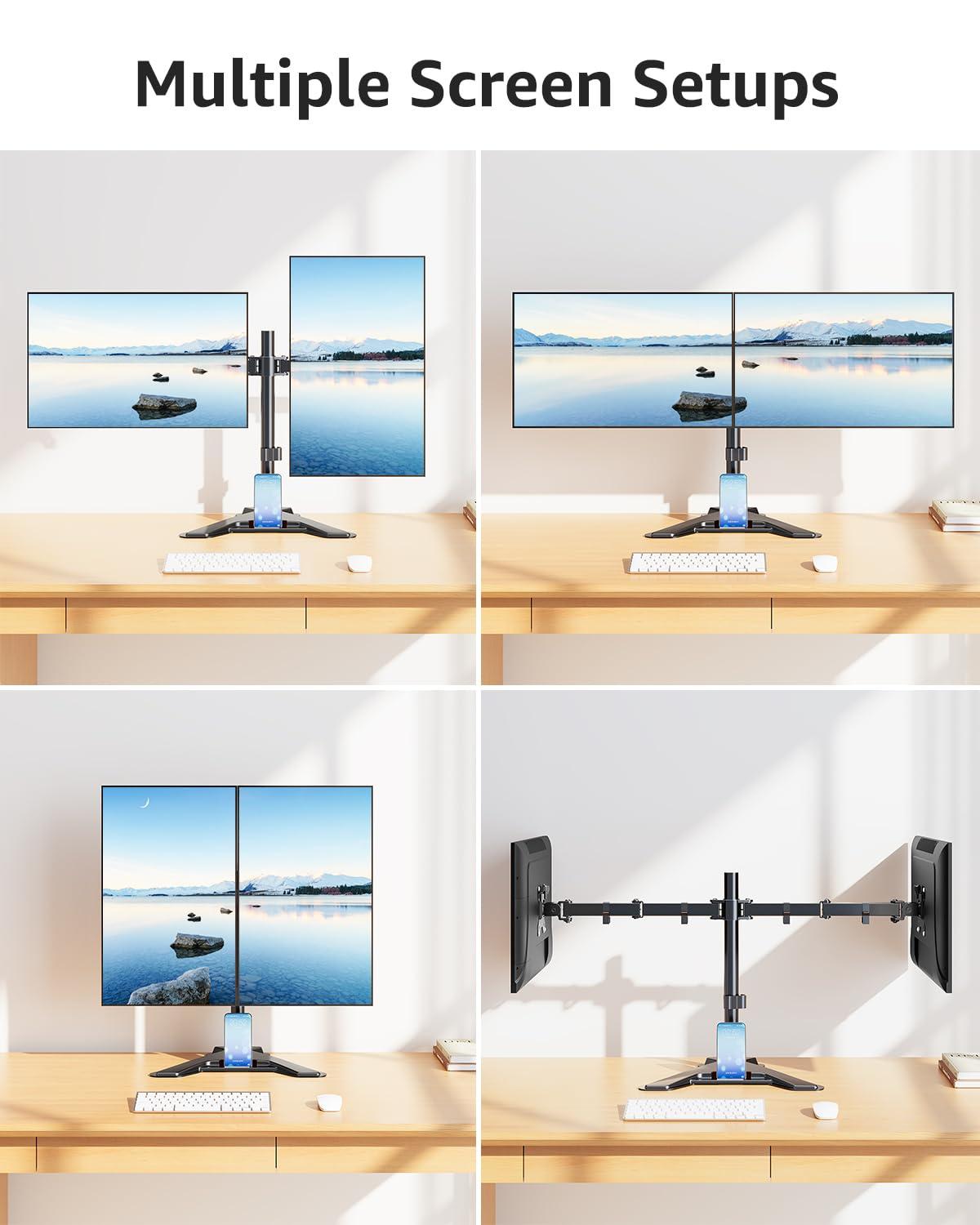 MOUNTUP Dual Monitor Stand - Freestanding & Height Adjustable Monitor Desk Mount, Steady VESA Mount Holds Max 17.6 lbs, Computer Monitor Stand for 2 Screens up to 27 inches, MU1002