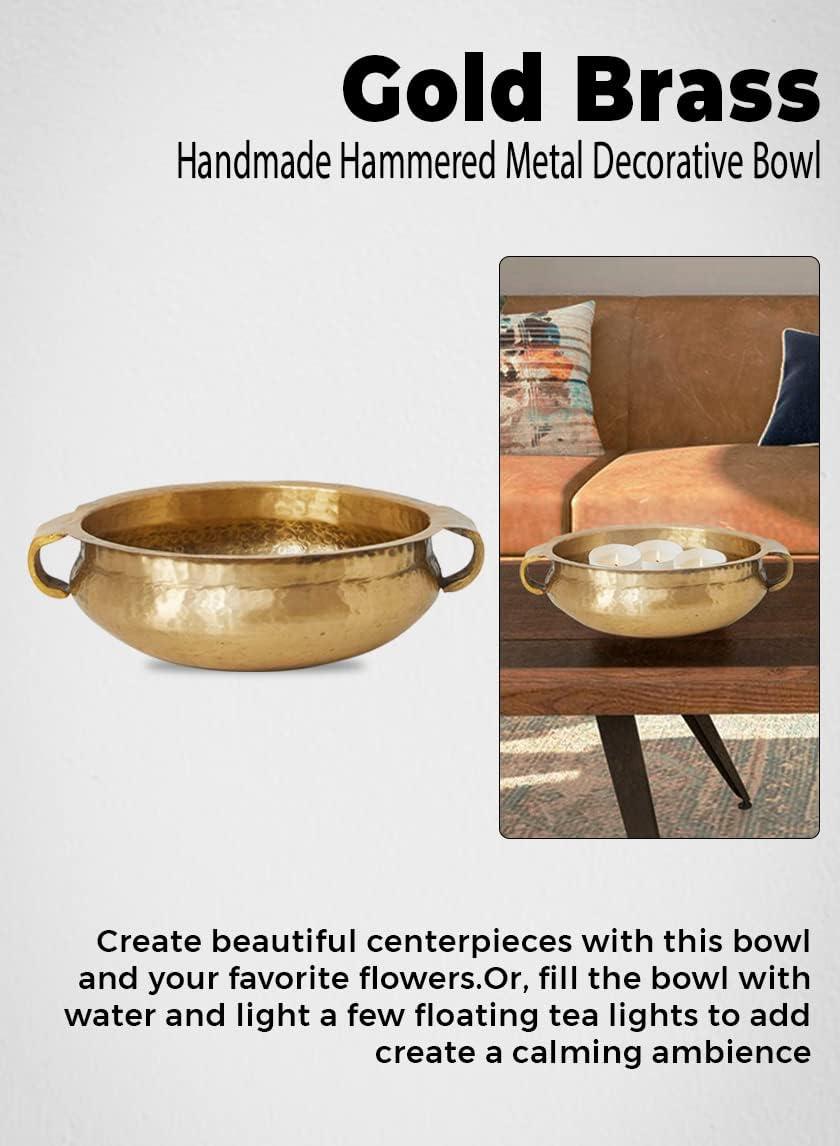 Handcrafted Gold Hammered Brass Decorative Bowl with Handles