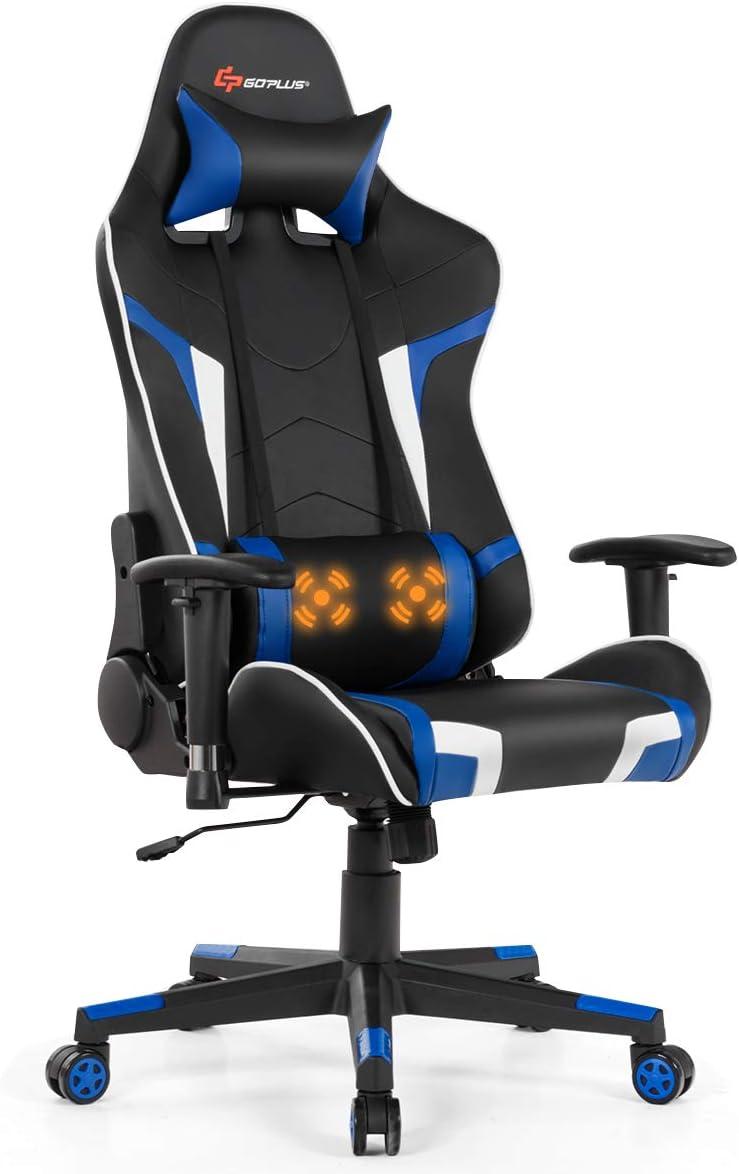 Costway Massage Gaming Chair Reclining Swivel Racing Office Chair w/Lumbar Support Blue