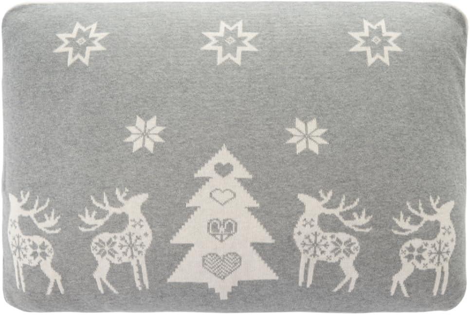 Grey Cotton Christmas Pillow with Reindeer and Snowflakes