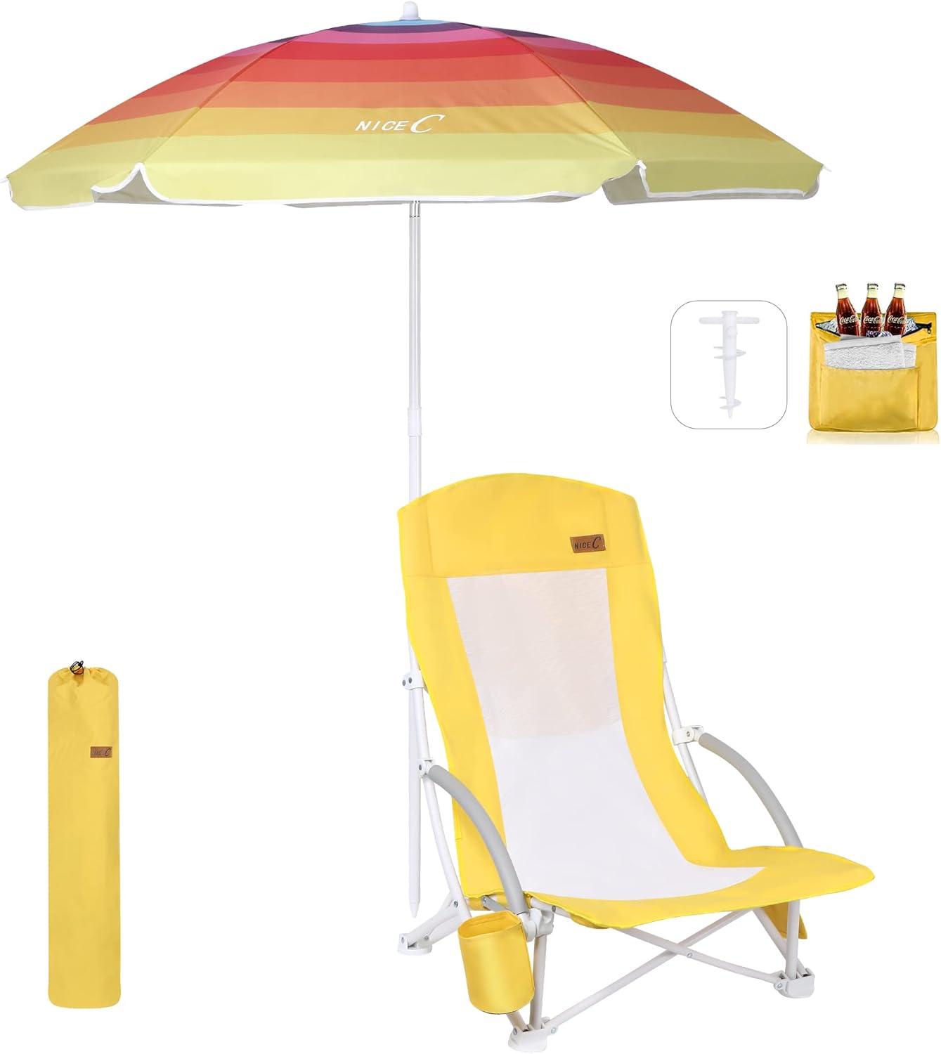 Nice C Beach Chair, Beach Chairs for Adults, w/Cooler&Umbrella, Compact High Back, Cup Holder & Carry Bag & Heavy Duty Outdoor, Camping, BBQ, Travel, Picnic (Set of 1 Yellow)