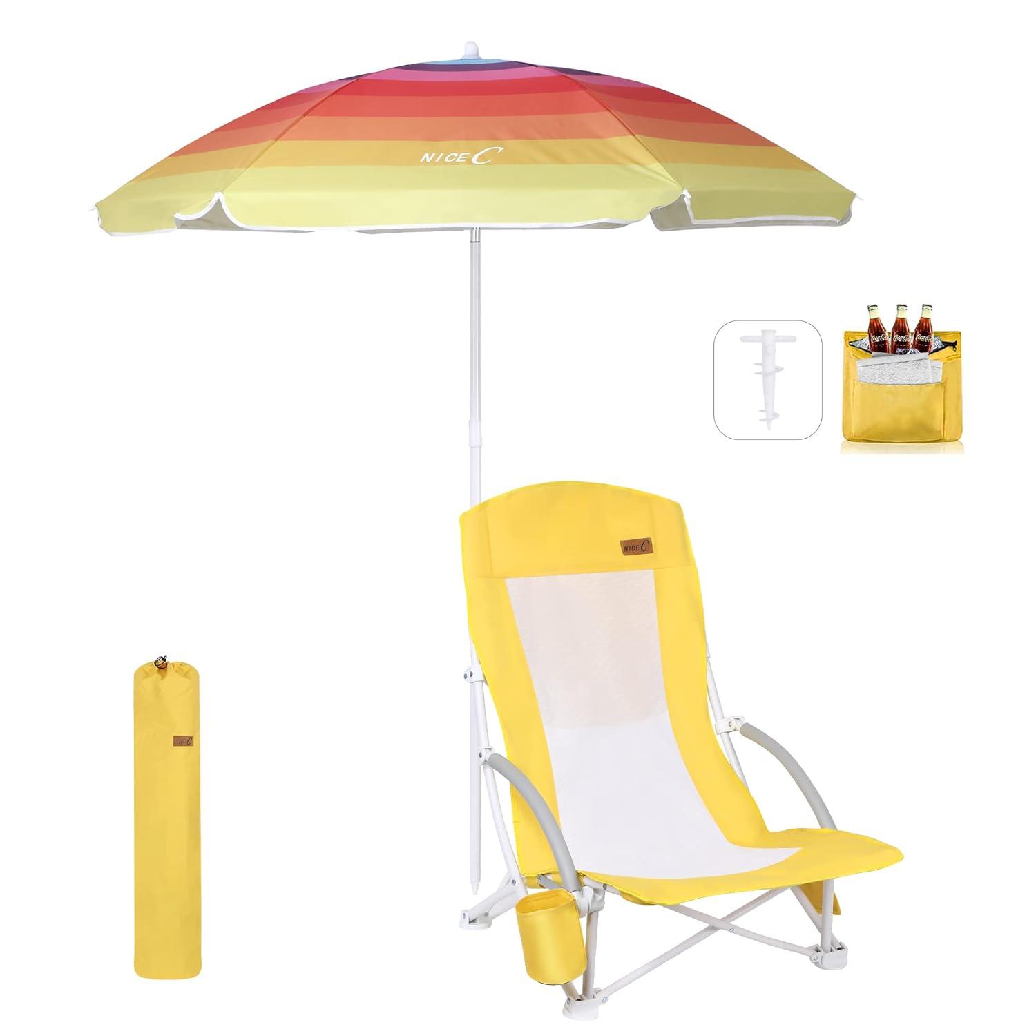 Nice C Beach Chair, Beach Chairs for Adults, w/Cooler&Umbrella, Compact High Back, Cup Holder & Carry Bag & Heavy Duty Outdoor, Camping, BBQ, Travel, Picnic (Set of 1 Yellow)