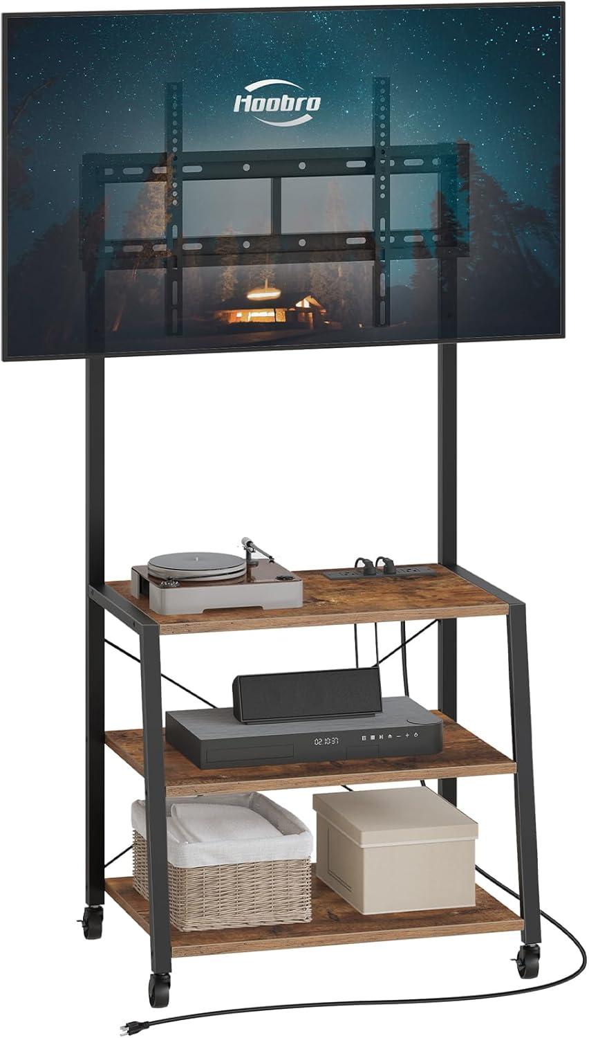 HOOBRO Rolling TV Stand with Mount and Power Outlet Up to 55 inch TV, Corner Entertainment Center, Small TV Stand with 3-Tier Storage Shelves for Living Room, Bedroom, Rustic Brown and Black BF66UDS01