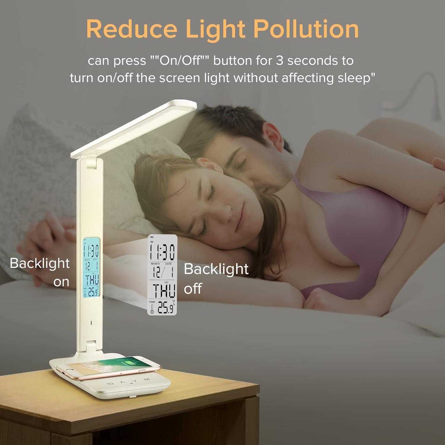 White Adjustable LED Desk Lamp with Wireless Charger and Clock