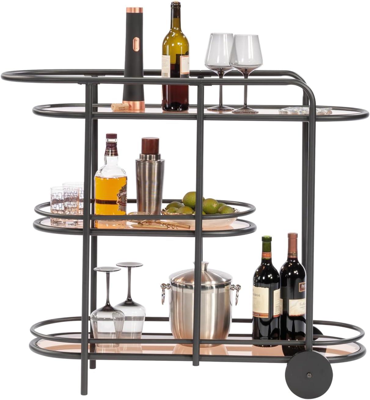 Sauder Coral Cape Metal Cart with Glass Satin Gold: 3-Tier, Safety-Tempered, Mobile