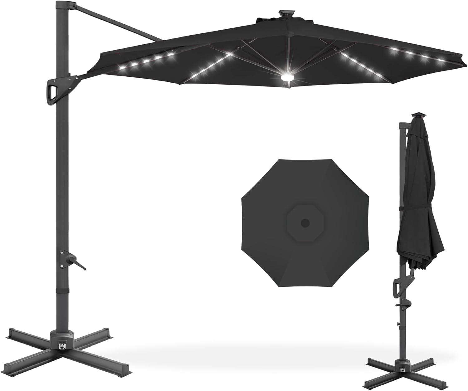 Best Choice Products 10ft 360-Degree Solar LED Lit Cantilever Patio Umbrella, Outdoor Hanging Shade - Black