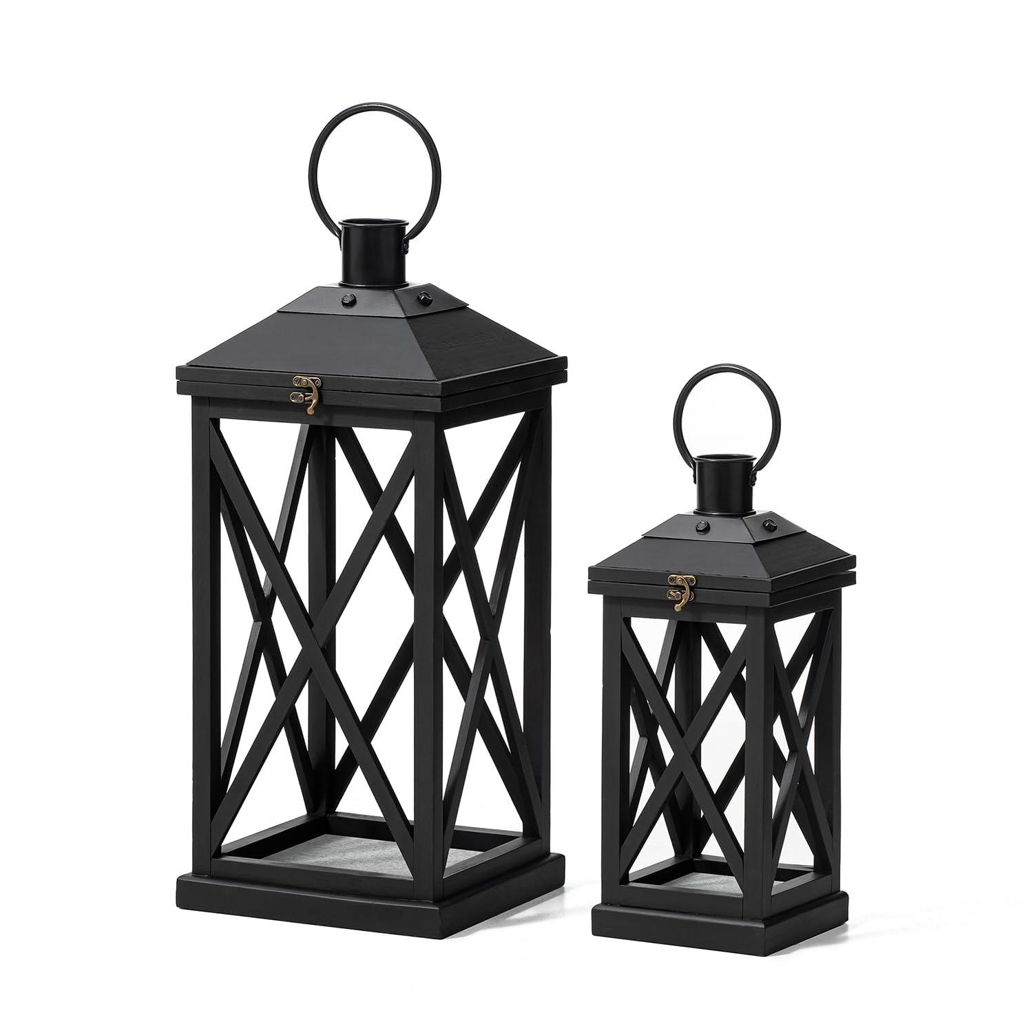 Glitzhome Modern Farmhouse Wooden Lantern Hanging Decorative Candle Lantern for Outdoor & Indoor Black Set of 2 (No Glass)