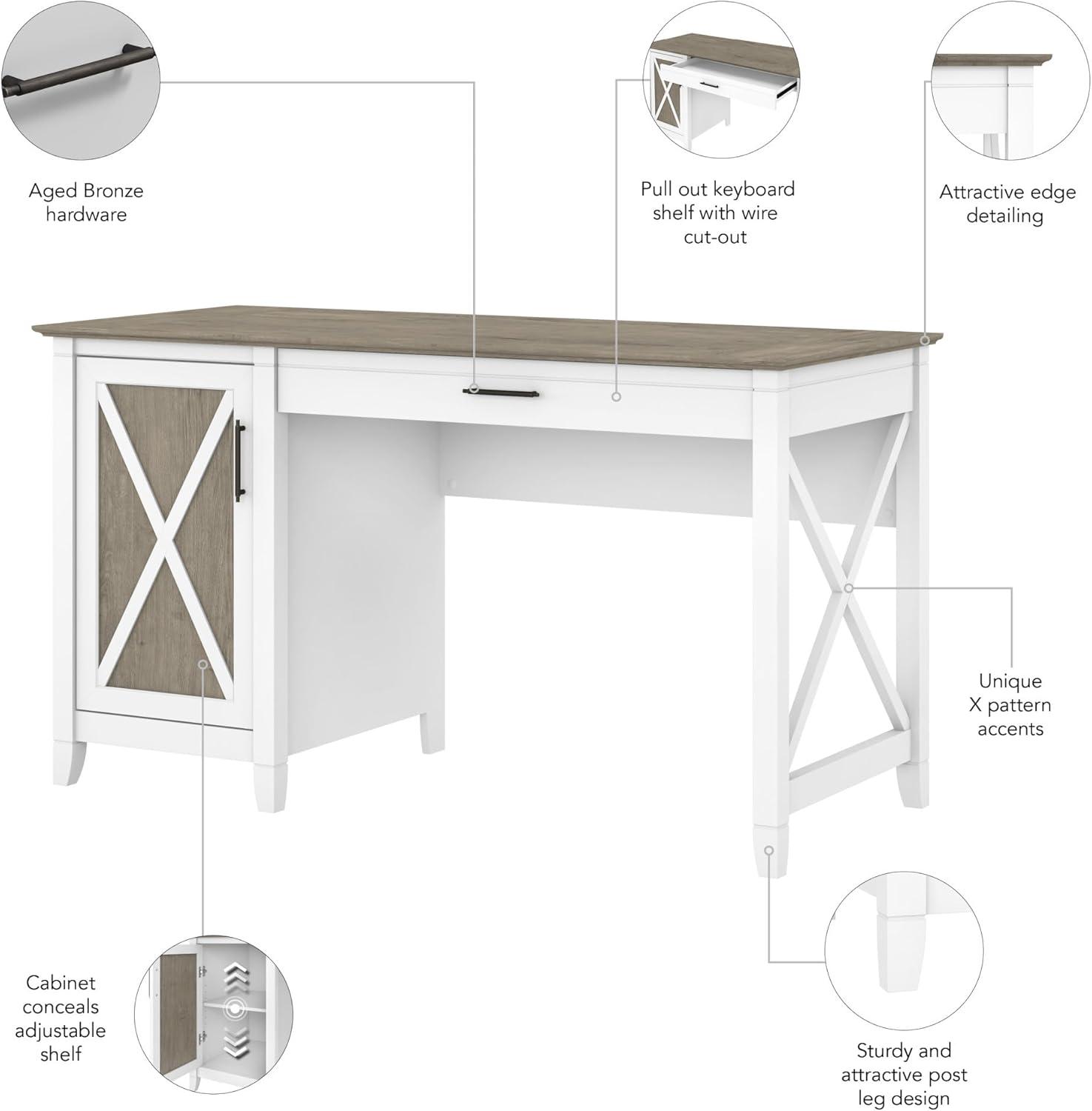 Bush Furniture Key West 54" Computer Desk with Storage, Pure White & Shiplap Gray
