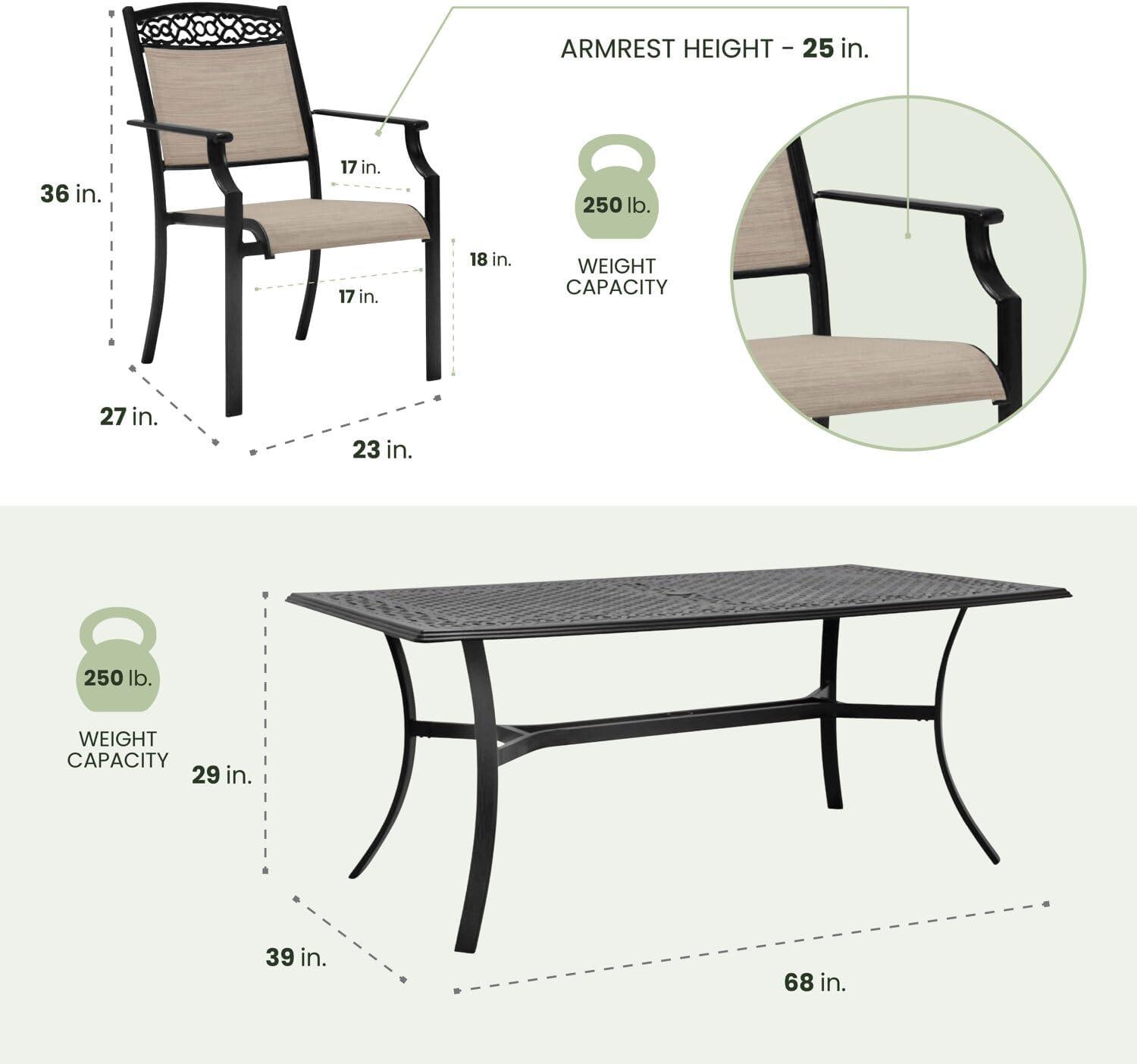 Hanover Lisbon 7-Piece Set: 6 Sling Stationary Chairs and 39 in. x 68 in. Cast-Top Dining Table in Tan, LISBON7PC-TAN