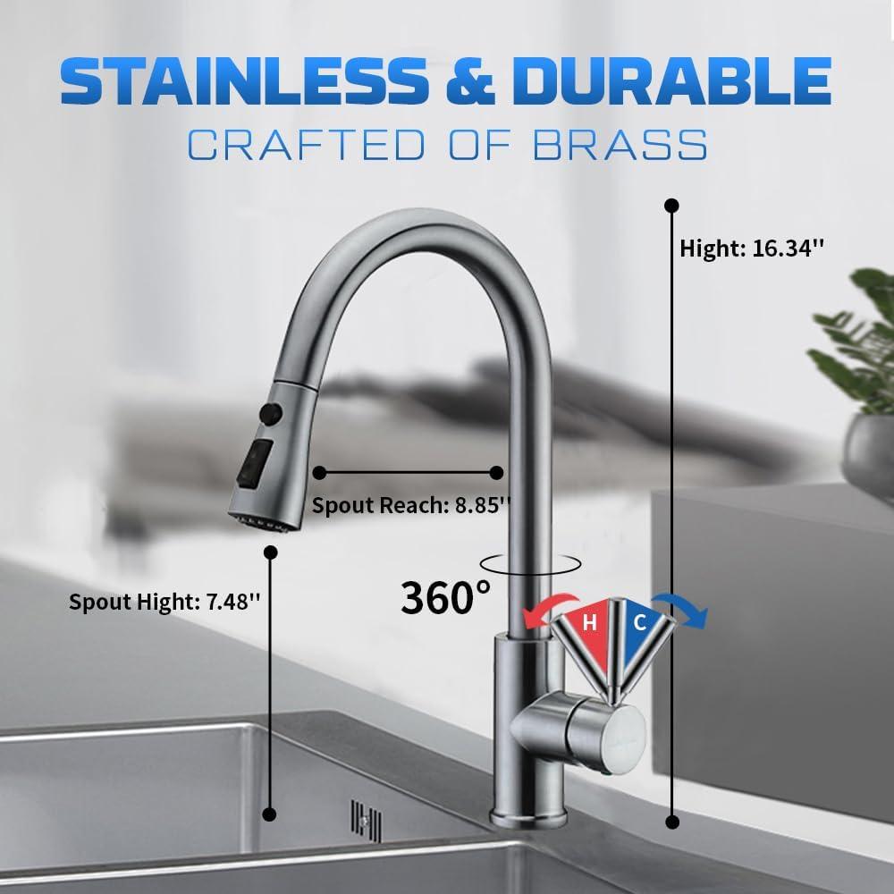 Kitchen Faucets Brushed Nickel Kitchen Faucet with Pull Down Sprayer High Arc Pull Out Kitchen Faucet Stainless Steel Kitchen Sink Faucets 1 or 3 Hole for Farmhouse Laundry Rv Bar Camper Home