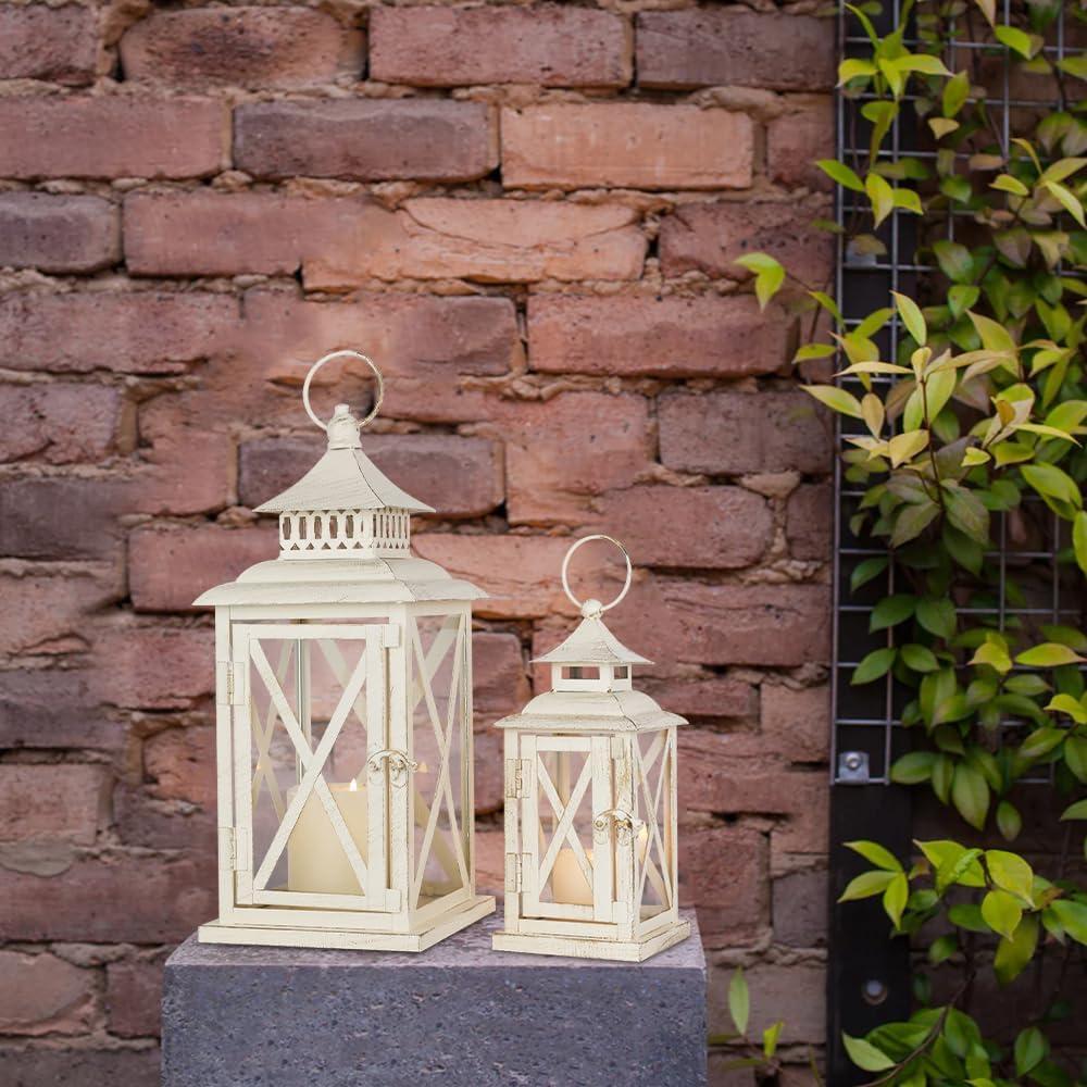 Lanterns Decorative Outdoor&Indoor, Set of 2 (14"&10") Beige Metal Lantern Decor with Glass, Candle Holder for Porch, Patio, Garden, Balcony, Wedding, Table Centerpiece