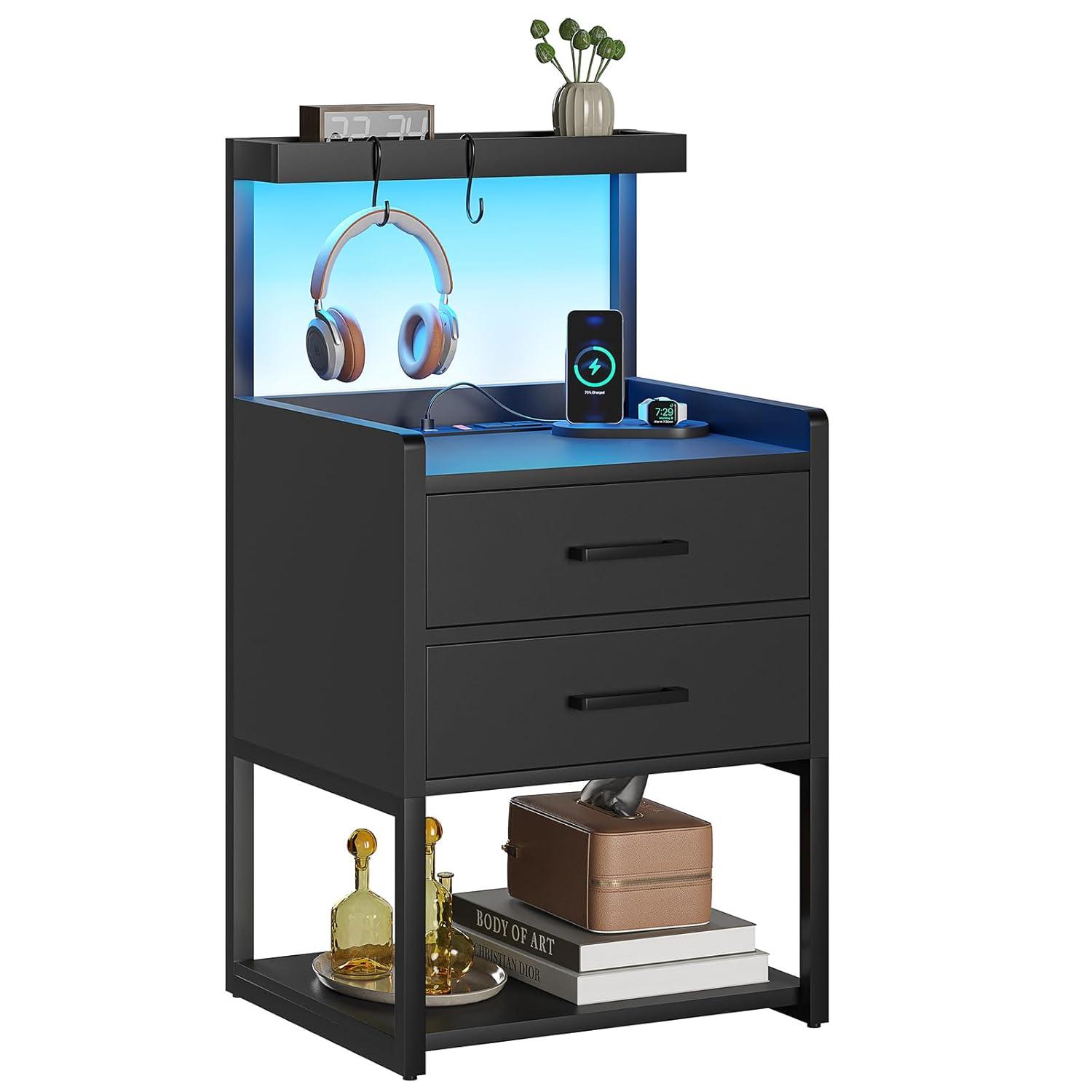 Nightstand with LED Lights and Charging Station, 2 Drawers Bedroom Night Stand, 2 USB Ports, 2 Outlets, Bed Side Table with Storage Shelves, White