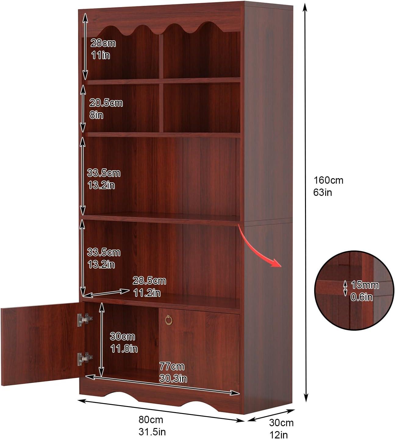 Bookshelf 5 Tier Open, Bookcase Modern with Doors, Wood Bookcase Storage Organizer Shelf, 63 inch Storage Shelves for Bedroom Living Room Office