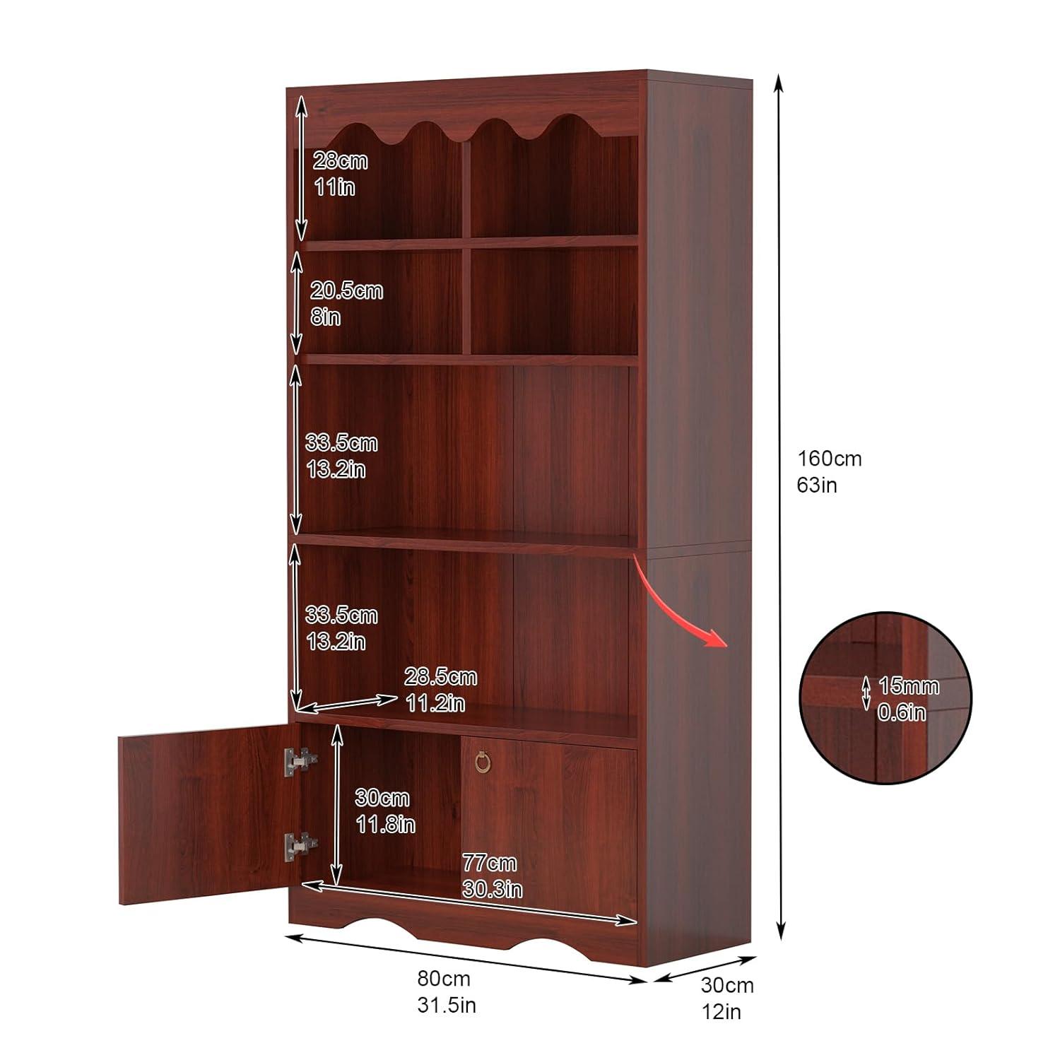 Bookshelf 5 Tier Open, Bookcase Modern with Doors, Wood Bookcase Storage Organizer Shelf, 63 inch Storage Shelves for Bedroom Living Room Office