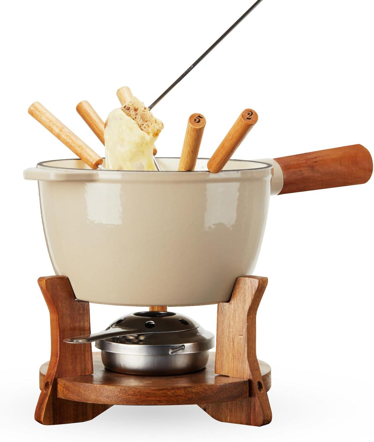 Wood and Cast Iron Fondue Set in Beige