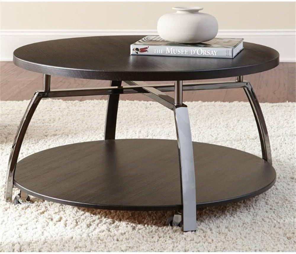 Round Black Nickel and Wood Coffee Table with Casters