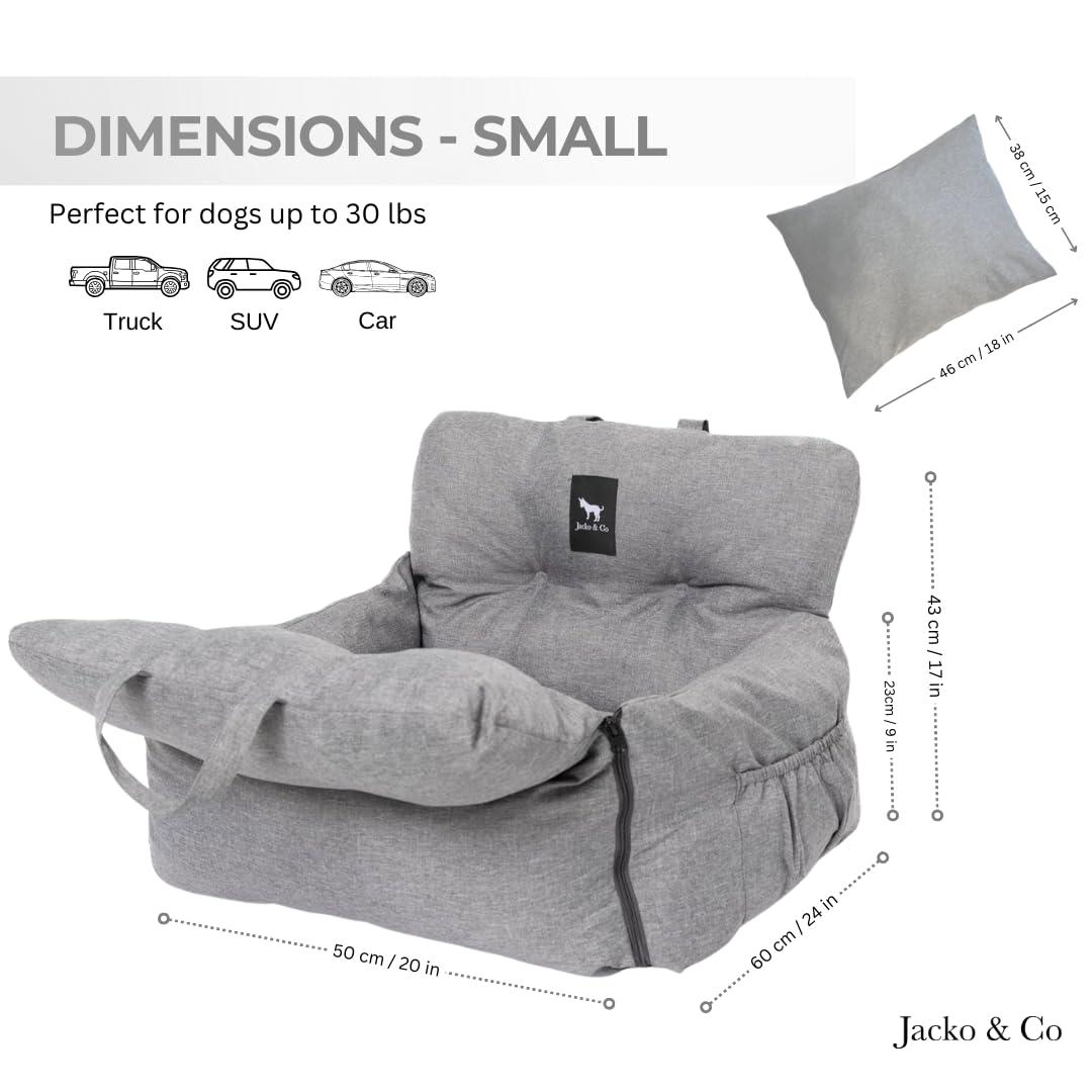 Premium Dog Car Seat & Booster Seat for Small & Medium Pets Under 30lbs, Puppies, Cats/Travel Carrier Bed & Bag, Front/Back Seat w/Clip-On Leash & Storage Pockets, Water Resistant (Grey)