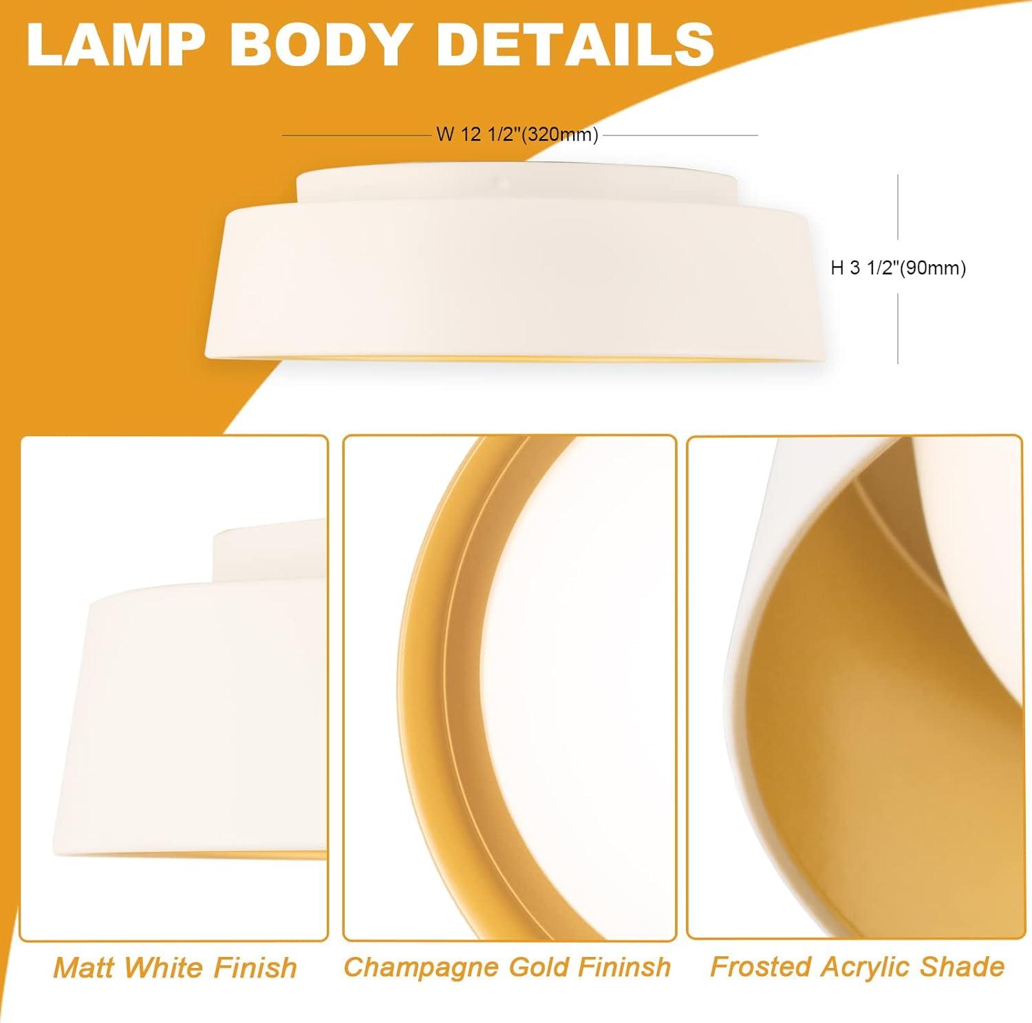 12.5 Inch LED Flush Mount Ceiling Light Fixture, 26W, Super Bright 1350 Lumen, 3 Color 3000K/4000K/5000K, Matt White with Gold Inside, Dimmable Ceiling Lamp for Bedroom Hallway Bathroom Outdoor