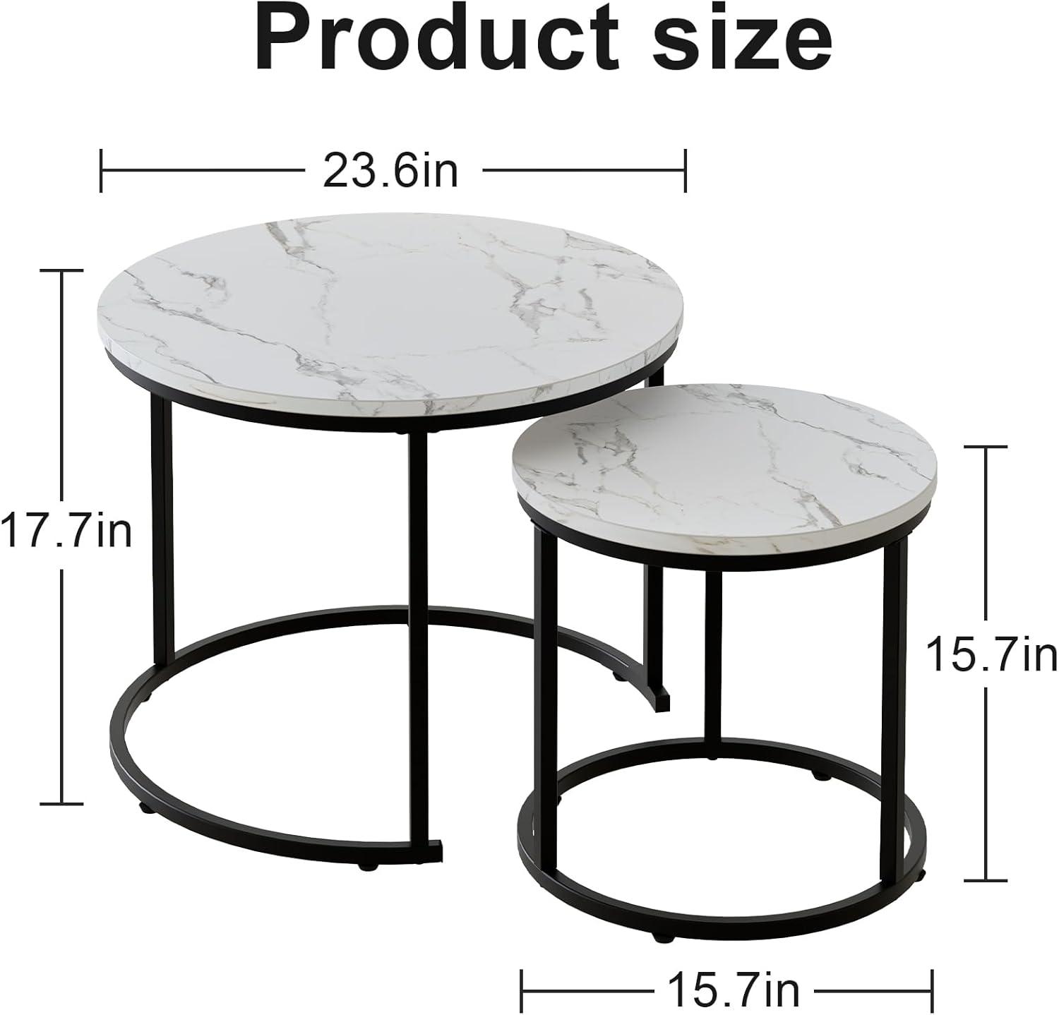 White Faux Marble and Black Metal Round Nesting Coffee Table Set