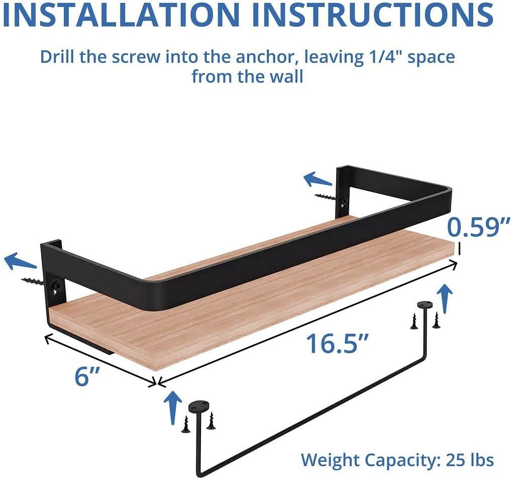 Halter Wall Mounted Floating Shelf with Rail Bathroom Kitchen Book Shelves Natural Set of 2