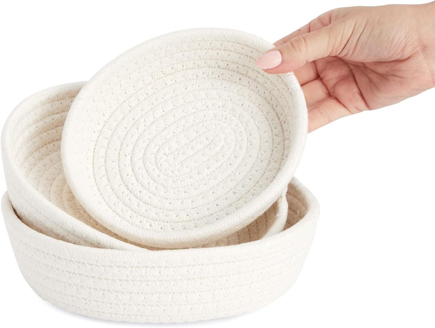 Juvale 3-Pack Small Round Cotton Rope Woven Storage Baskets - Nesting Bins for Organizing Home and Montessori Toys (White)