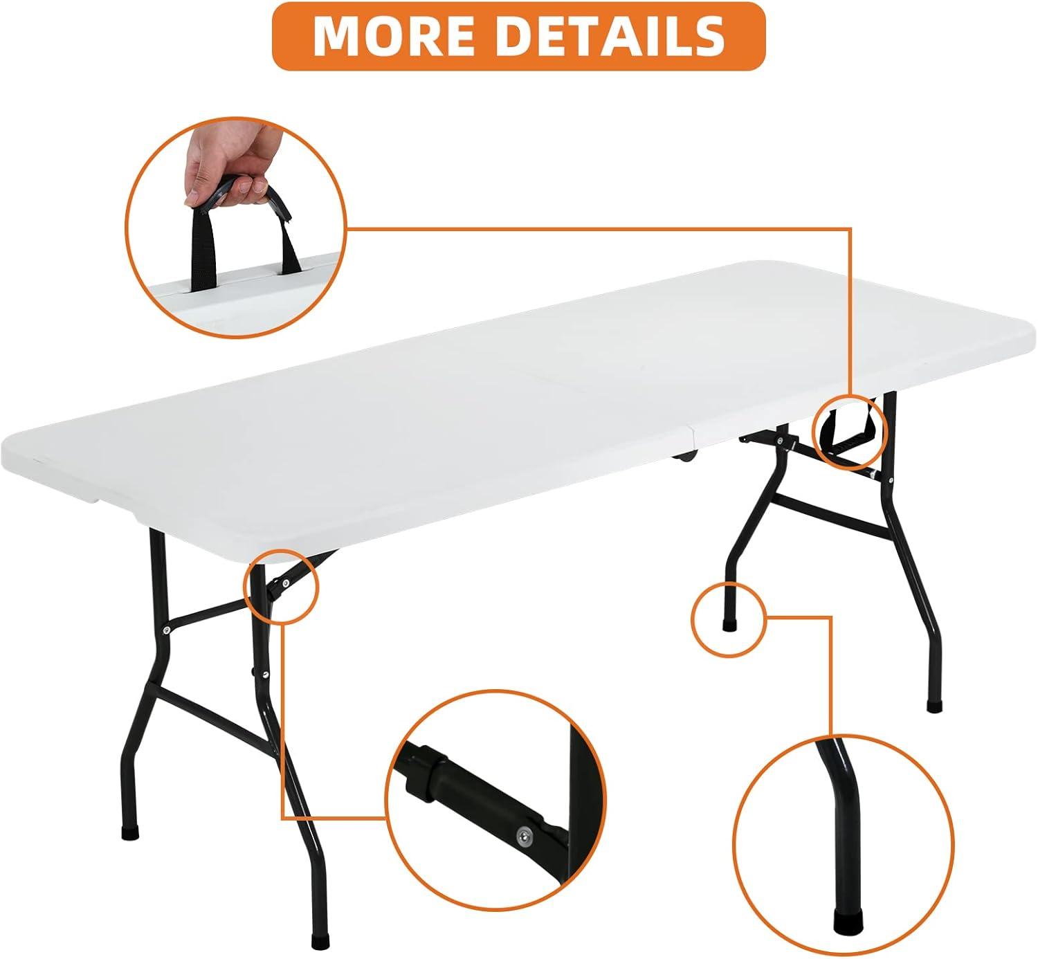 Plainsity 6ft Plastic Folding Table - Portable, Foldable, Heavy Duty Dining Table for Parties, Weddings, BBQs, Camping, Backyard Events - Indoor/Outdoor Utility Table with Carrying Handle White