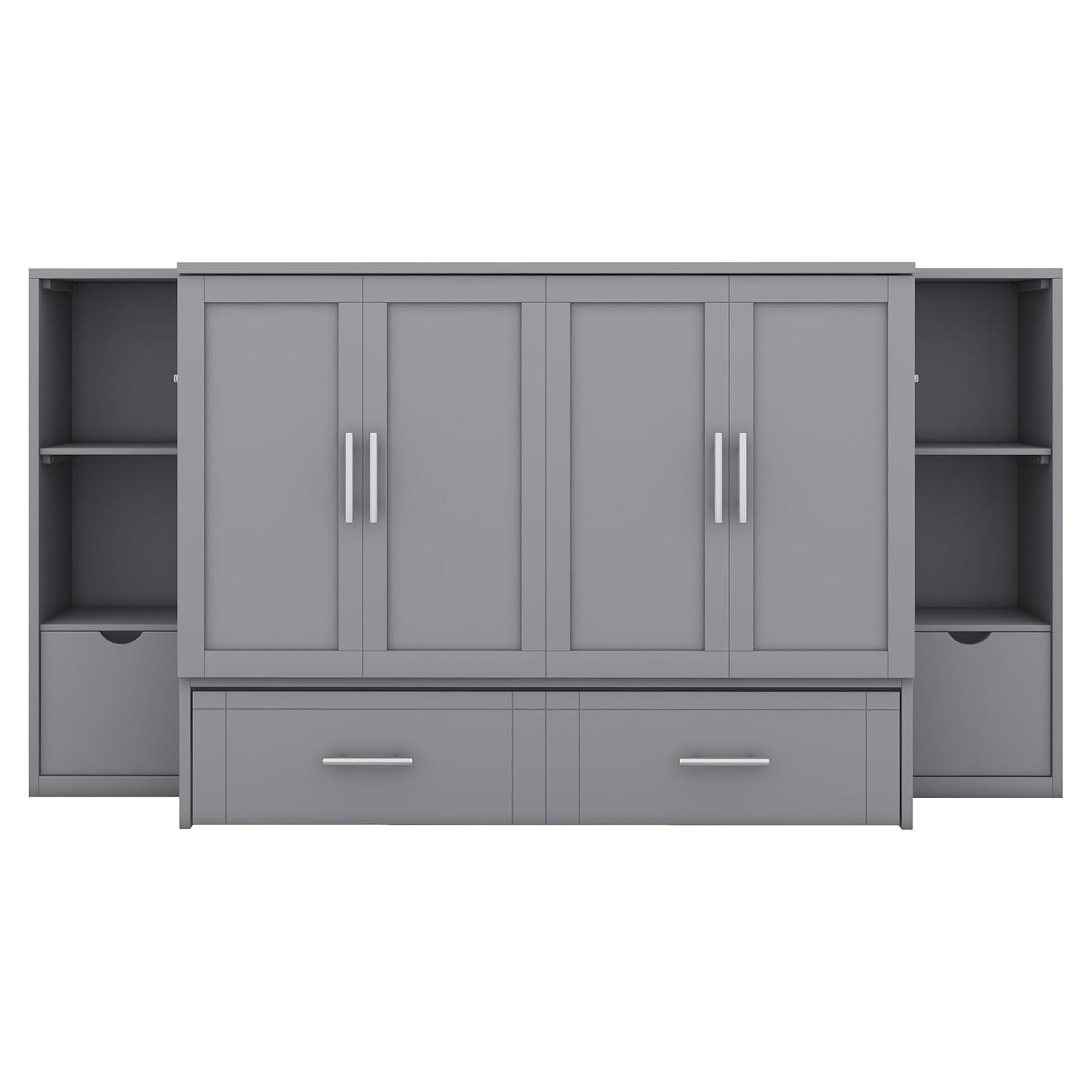 Full Size Murphy Wall Bed With Storage and Bookcase Headboard, Solid Wood Cabinets With Shelves, Drawers and USB Ports, Multi-Function Platform for Home Office, Guest Room - Gray