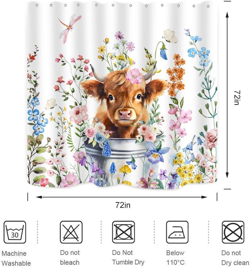 Cute Highland Cow Shower Curtain Watercolor Floral Spring Wildflower Funny Western Cattle Farm Animal Home Bathroom Decor Waterproof Fabric 72Lx72W Inch with 12PCS Hooks