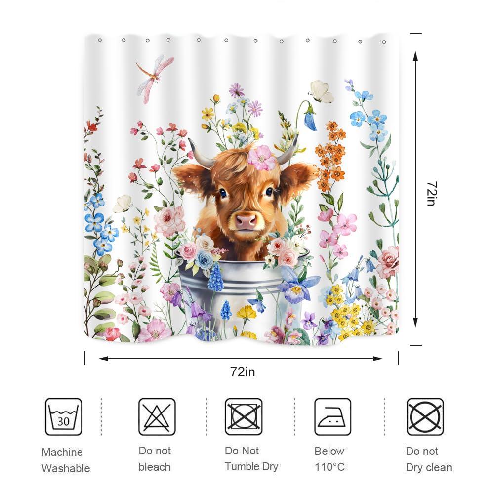 Cute Highland Cow Shower Curtain Watercolor Floral Spring Wildflower Funny Western Cattle Farm Animal Home Bathroom Decor Waterproof Fabric 72Lx72W Inch with 12PCS Hooks